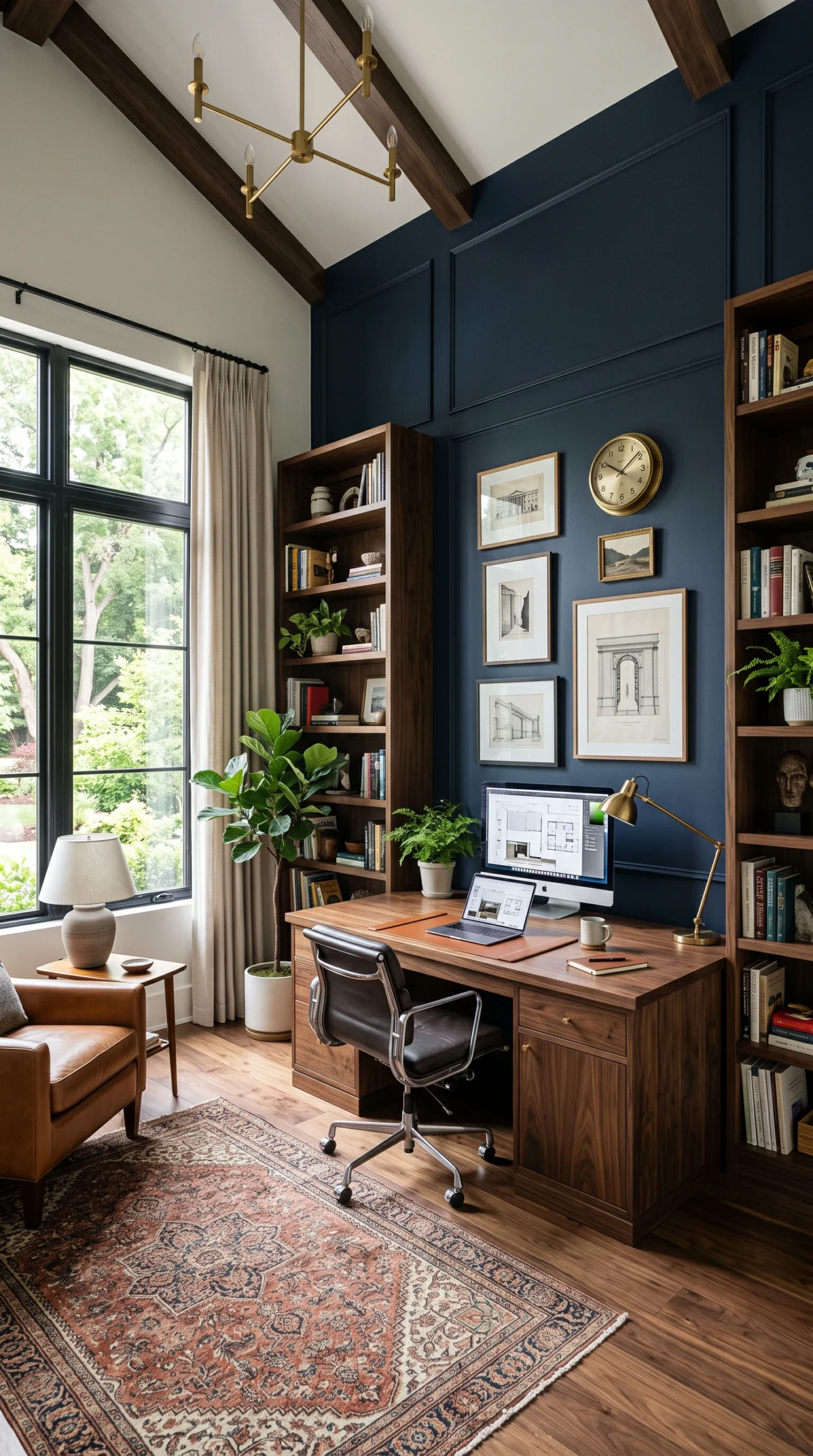 A modern home office featuring a dark walnut desk positioned in front of a navy blue accent wall and large windows.