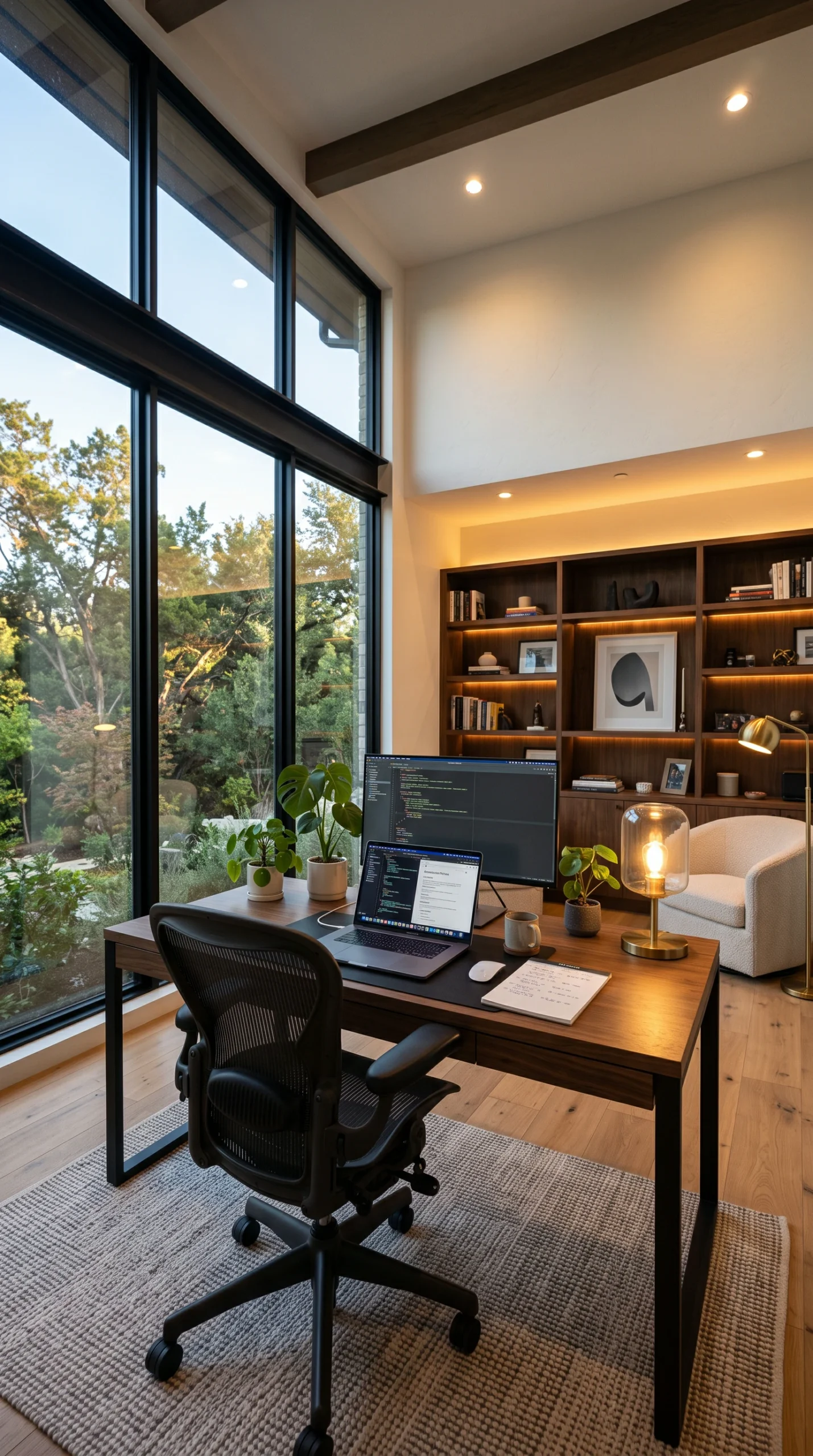 Modern home office featuring a wooden desk positioned next to a large window with warm ambient lamps illuminating the workspace.