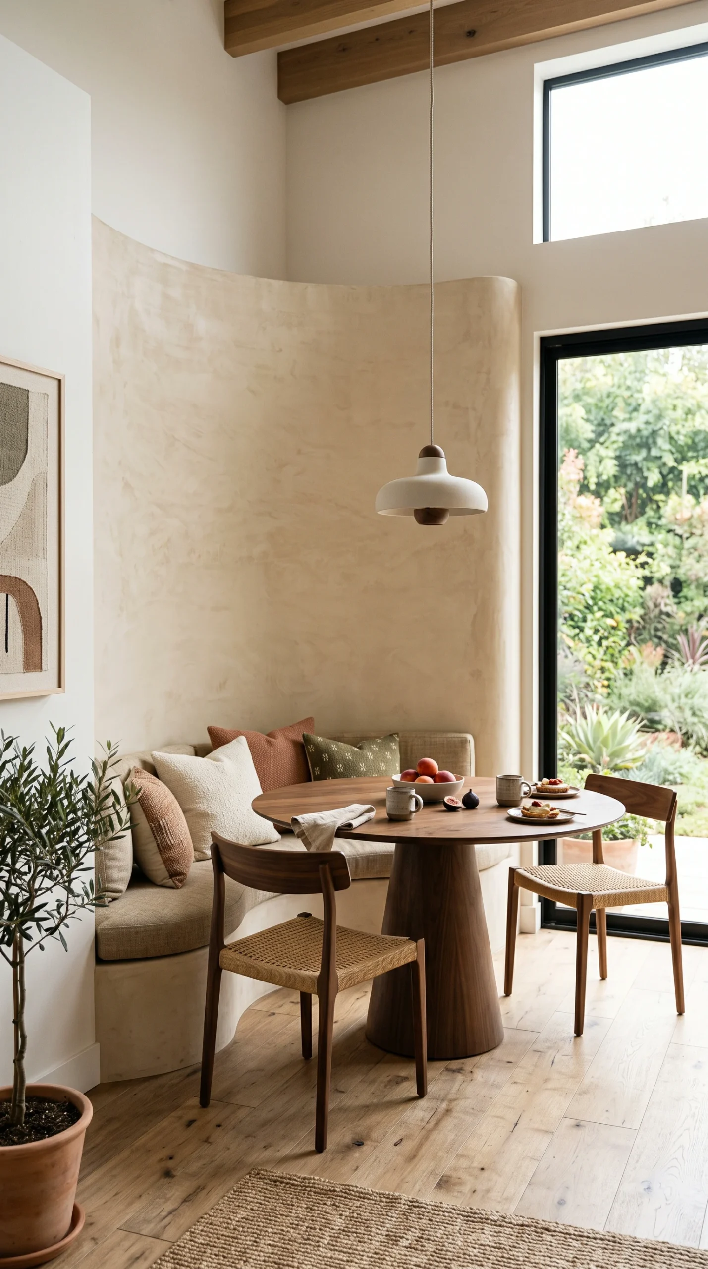 Curved raw plaster banquette seating around a warm walnut pedestal dining table in a modern sunlit breakfast nook.