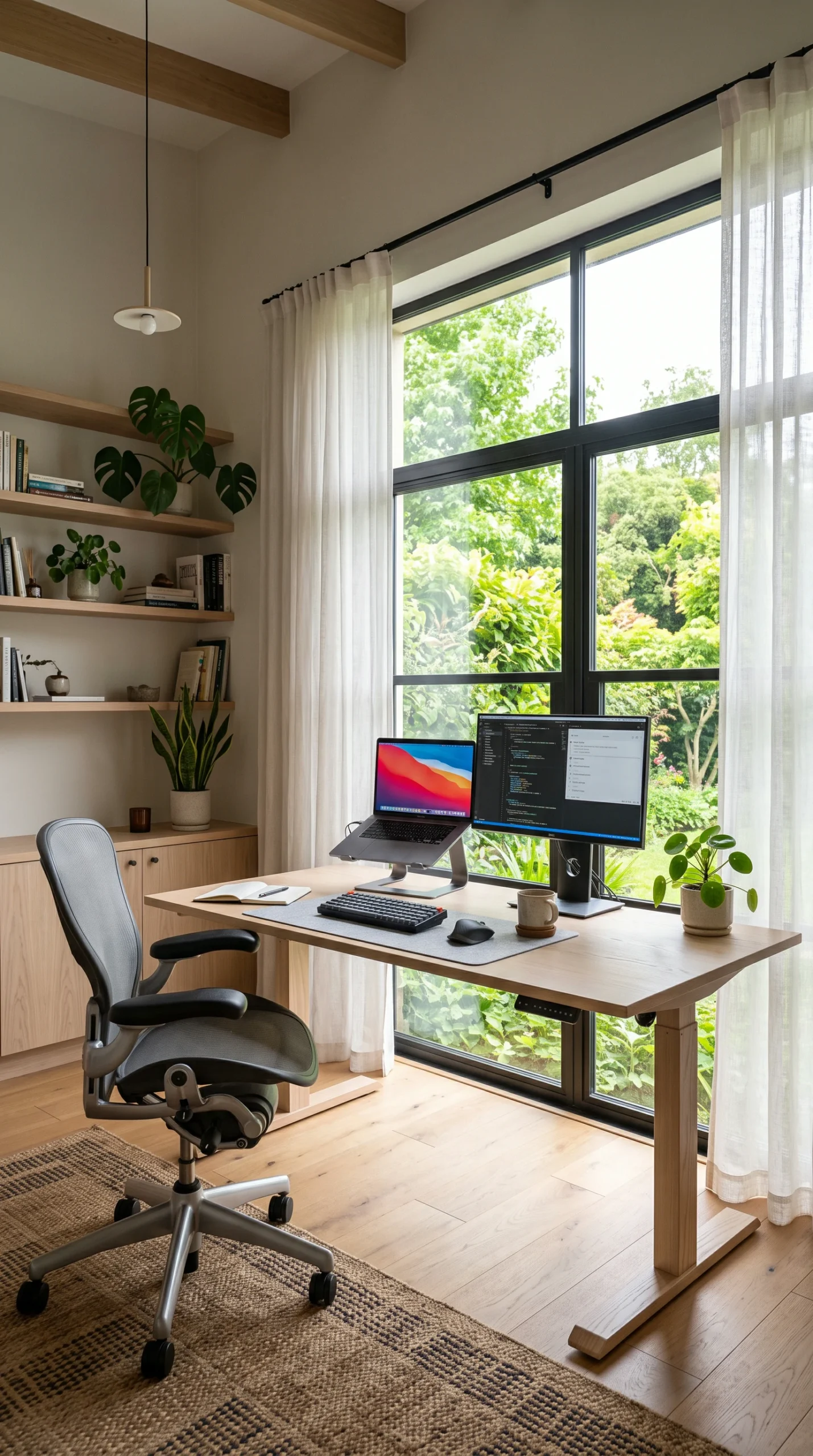 A modern home office setup featuring a sit-stand ash wood desk positioned in front of a window with sheer curtains.
