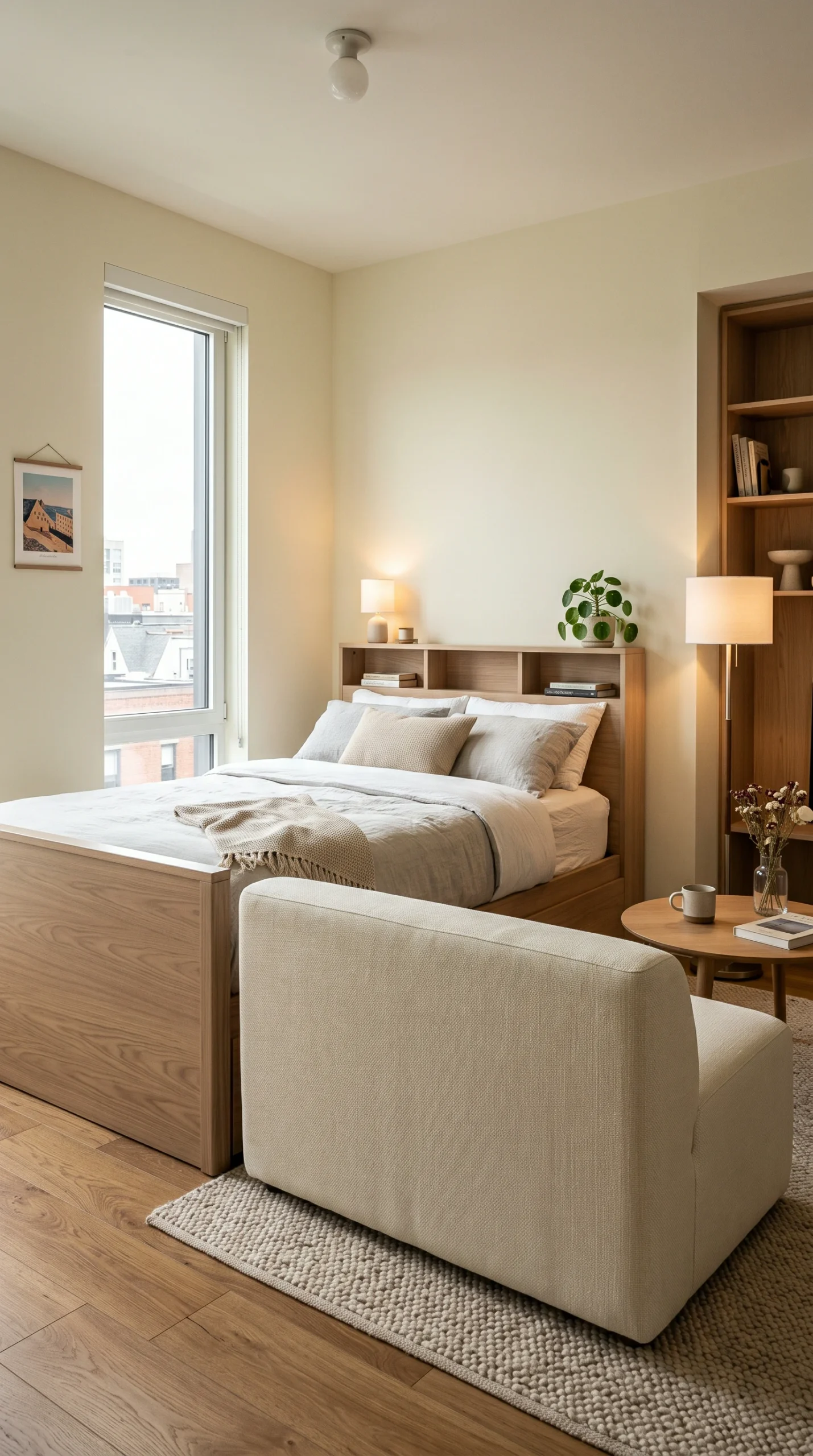 Modern creamy alabaster sofa placed directly against the footboard of a warm ash platform bed in a studio apartment layout.