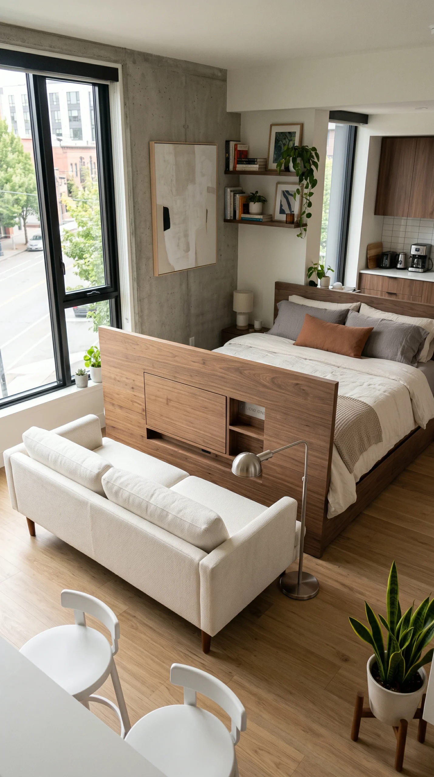 Wide-angle interior shot of a studio apartment with a light-colored sofa in front of a walnut platform bed.