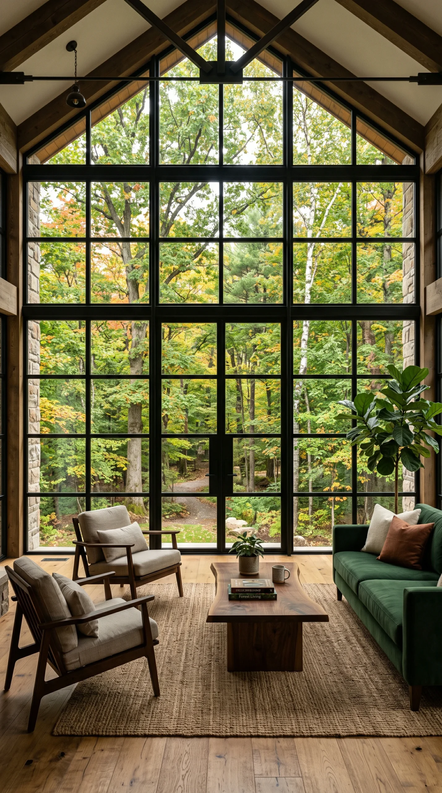 View of a modern sunroom through large, multi-paned black steel windows, looking out into a dense forest with tall trees.
