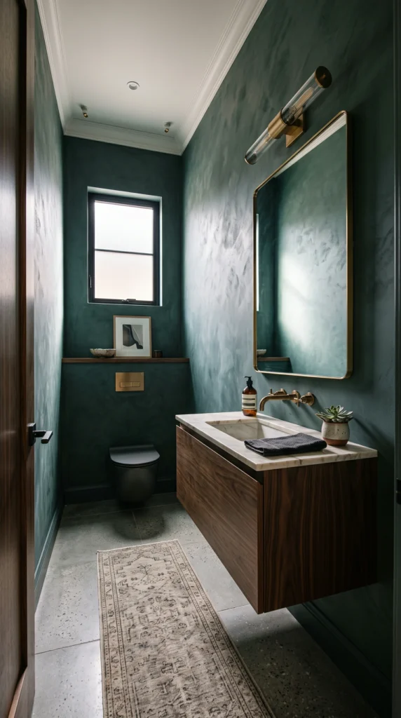 Narrow vertical powder room with textured green walls, floating wood vanity, brass fixtures, round mirror.