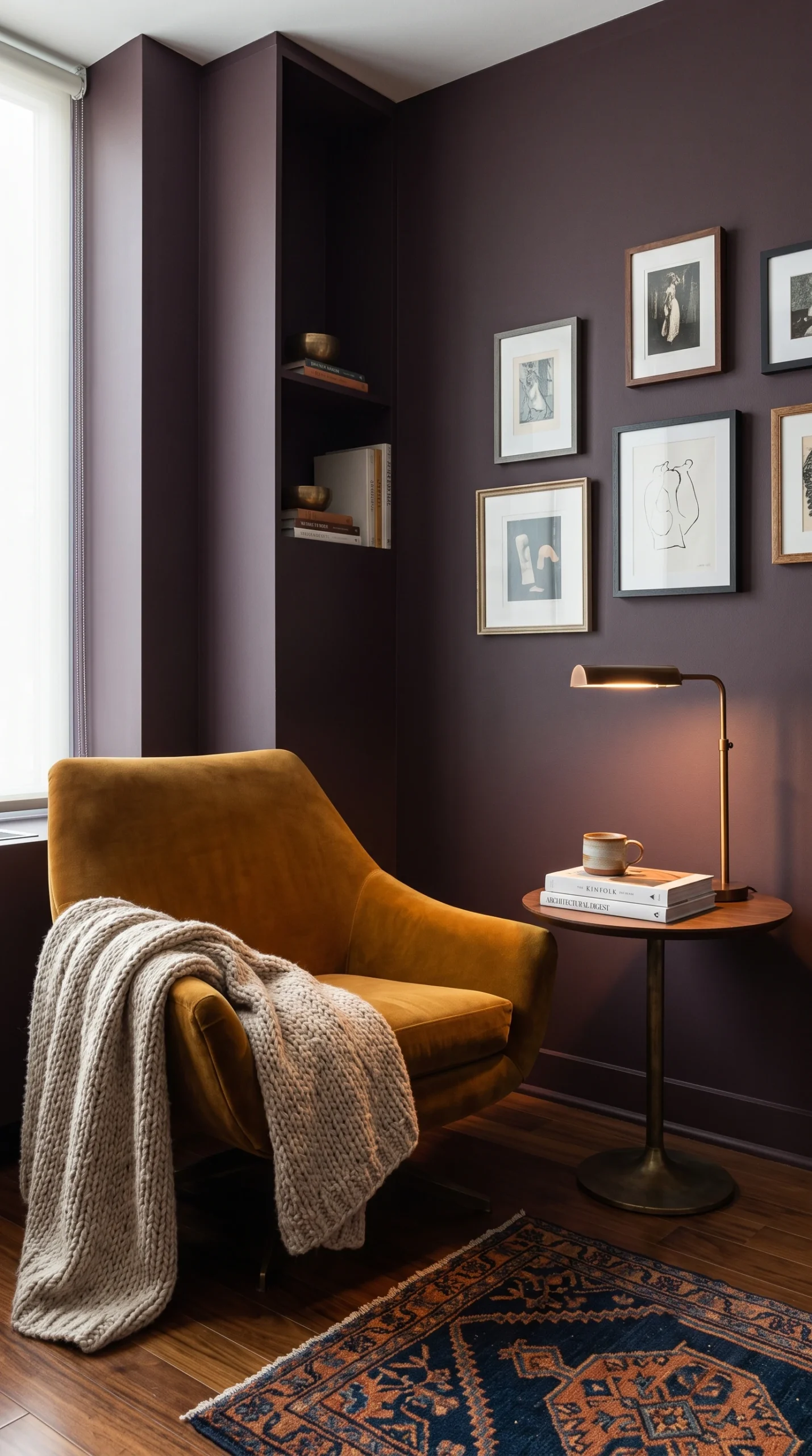 Moody modern apartment reading nook painted in aubergine with a vintage velvet chair.