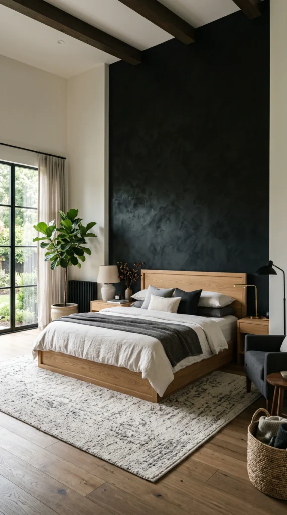 Wide architectural shot of a modern moody bedroom featuring a deeply saturated black limewash accent wall and a light wood platform bed.