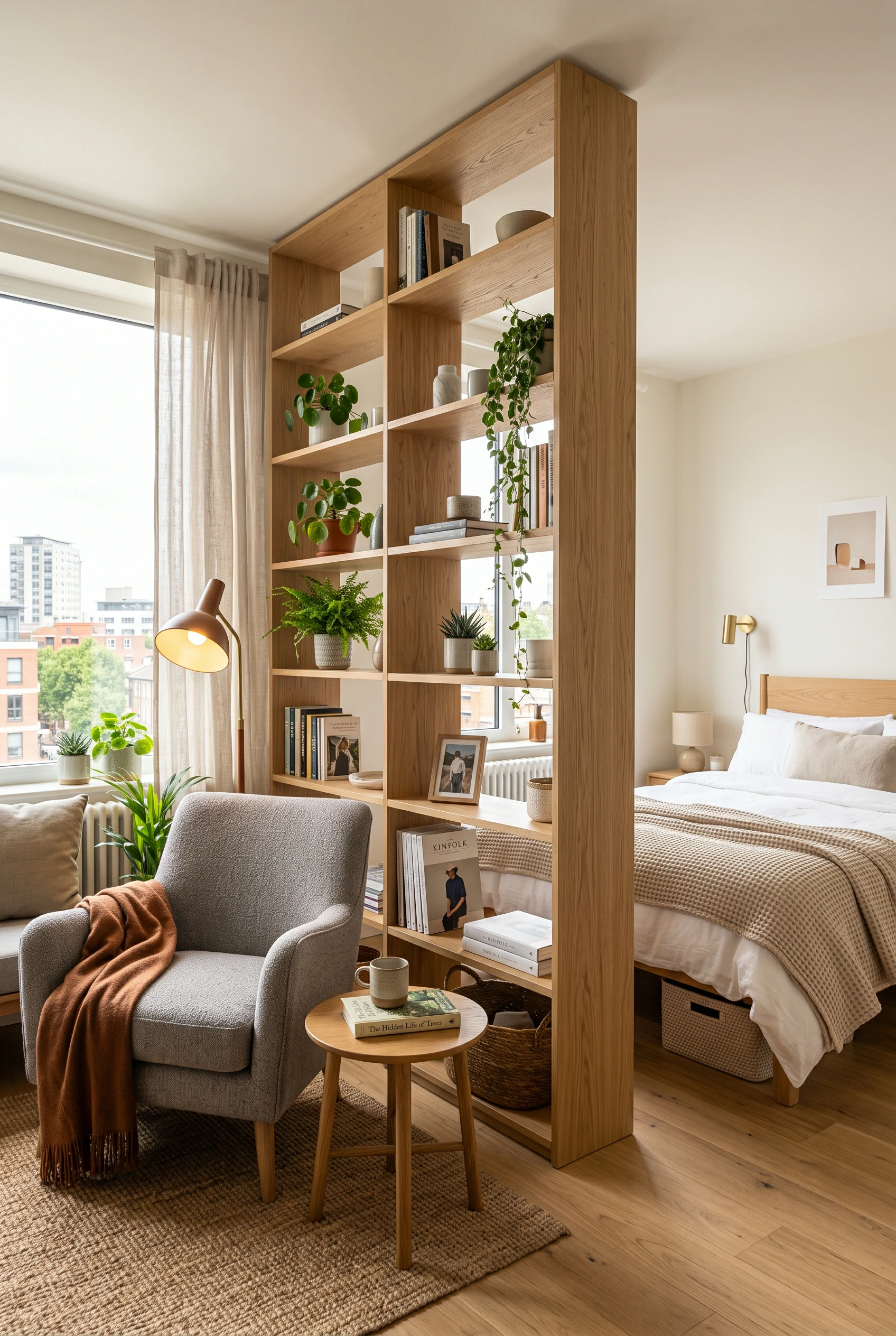 Natural oak bookshelf divider separating a cozy armchair living area from a bed in a modern studio apartment layout.