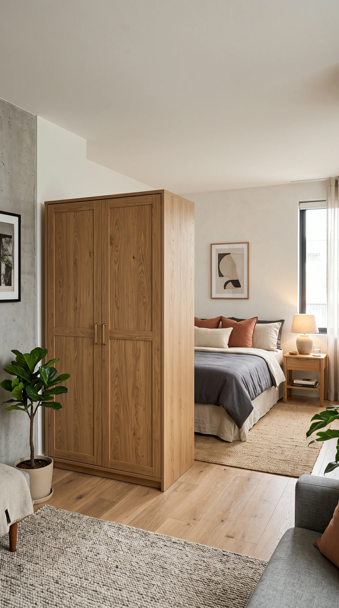 Freestanding warm oak wardrobe divider separating a studio bedroom nook.