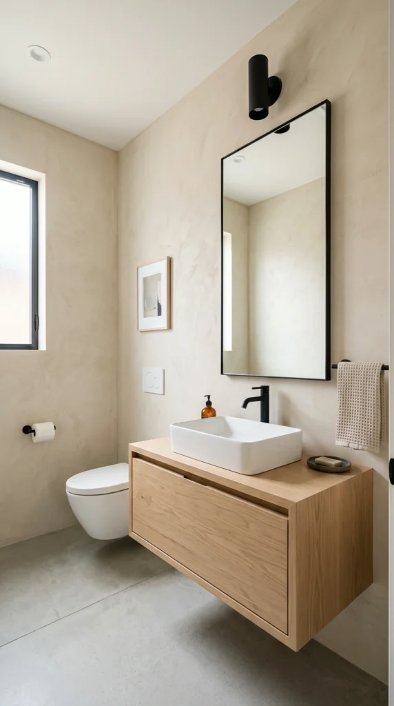 Wide architectural shot of a small half bath featuring a white oak floating vanity and raw plaster wall