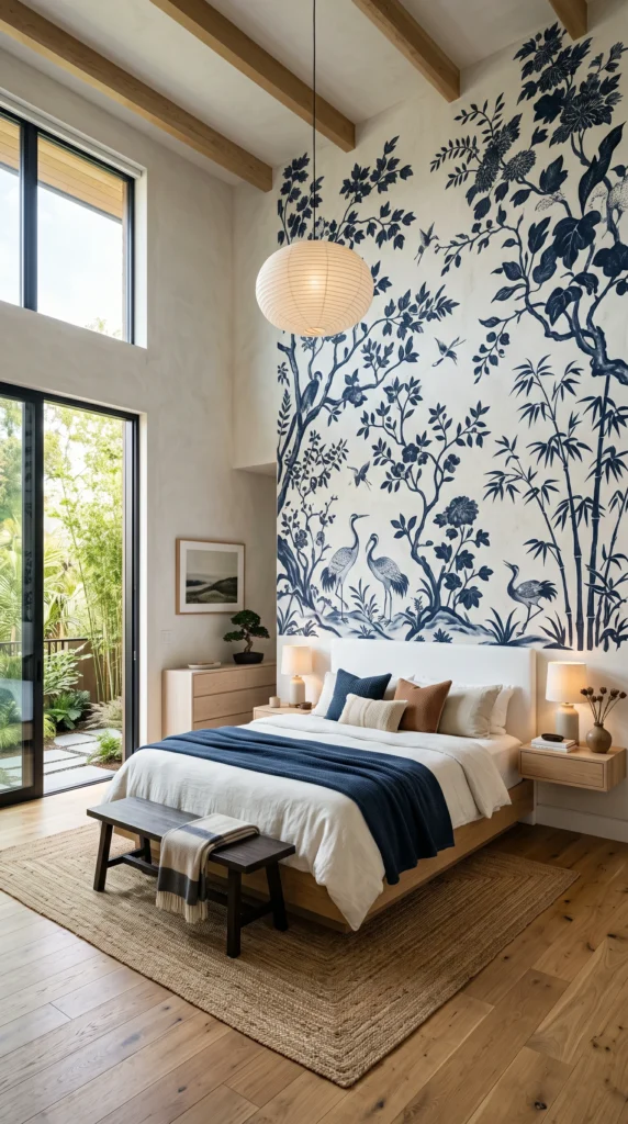 Deep indigo Japandi botanical mural behind a white platform bed in a master bedroom