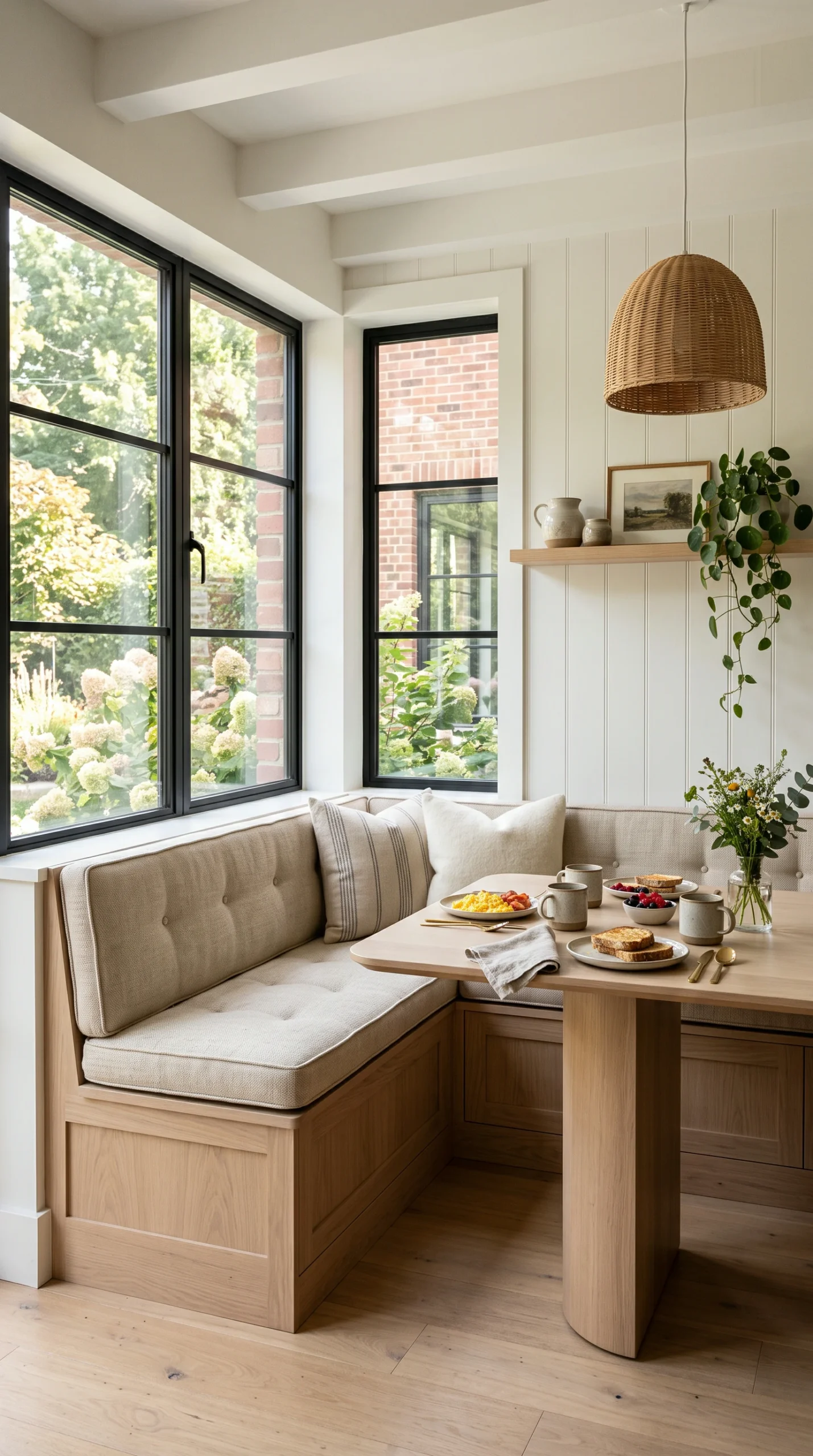 Custom built-in breakfast nook bench made of pale oak wood with thick warm oatmeal colored cushions set against a bright window.