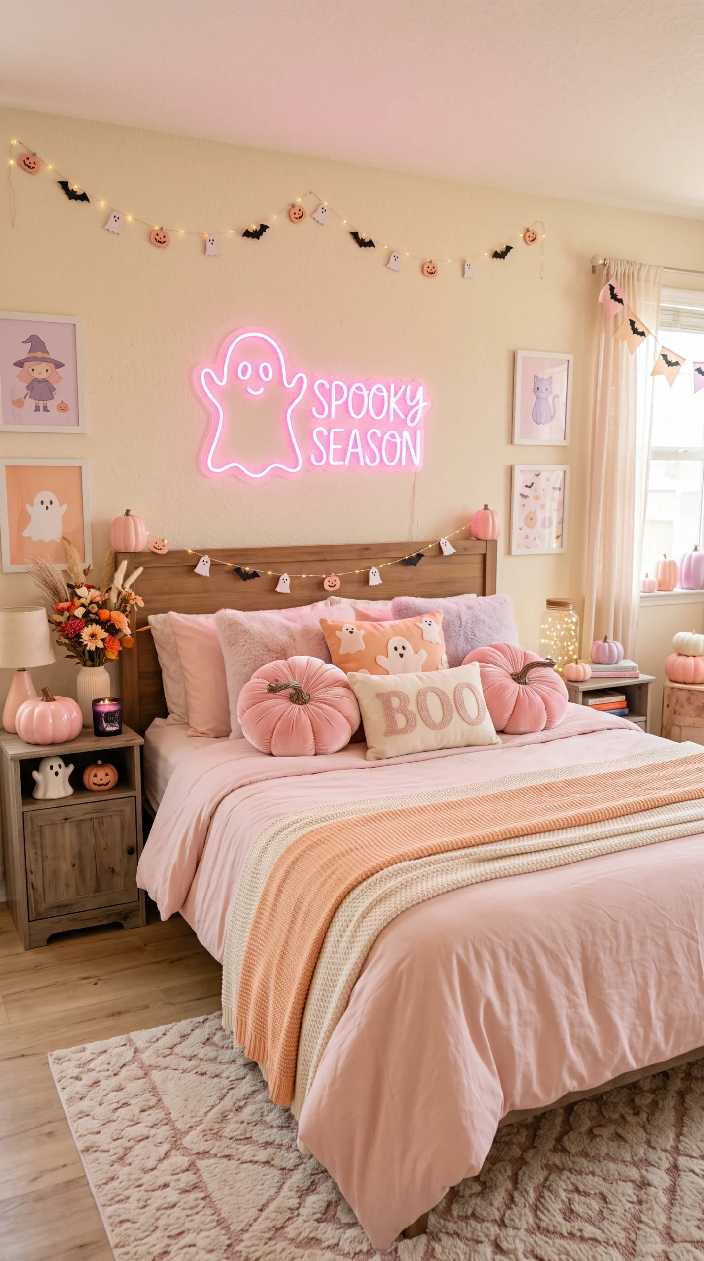 A cozy bedroom styled for Halloween with pink velvet pumpkin pillows on the bed and a neon pink ghost sign on the wall.