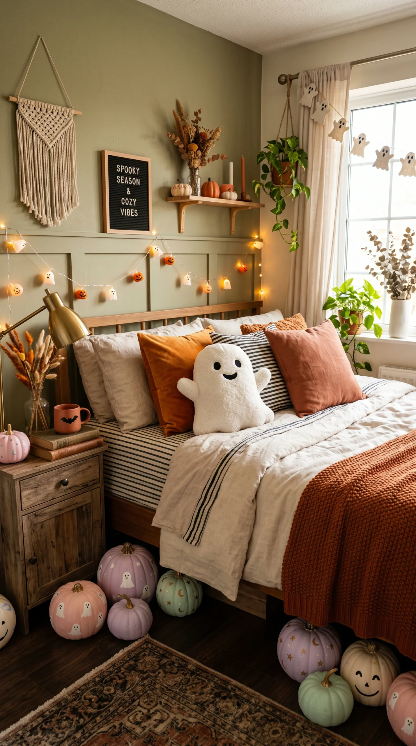 A cozy bed decorated for Halloween with a smiling white ghost pillow and various pastel-colored pumpkins scattered on the floor.