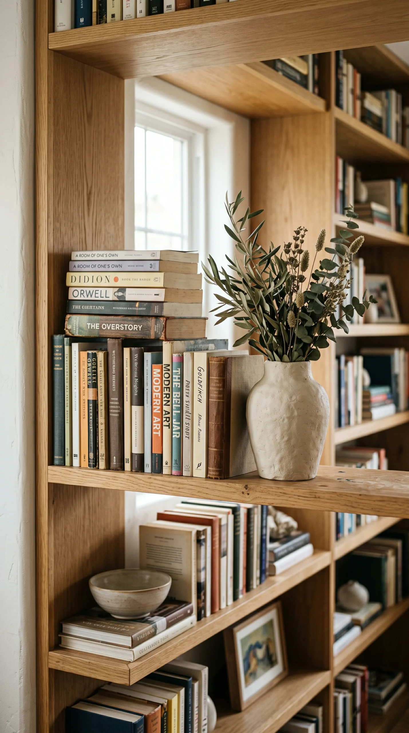 Raw plaster vase styled with book clusters on a modern shelf, demonstrating balanced interior design and decor.