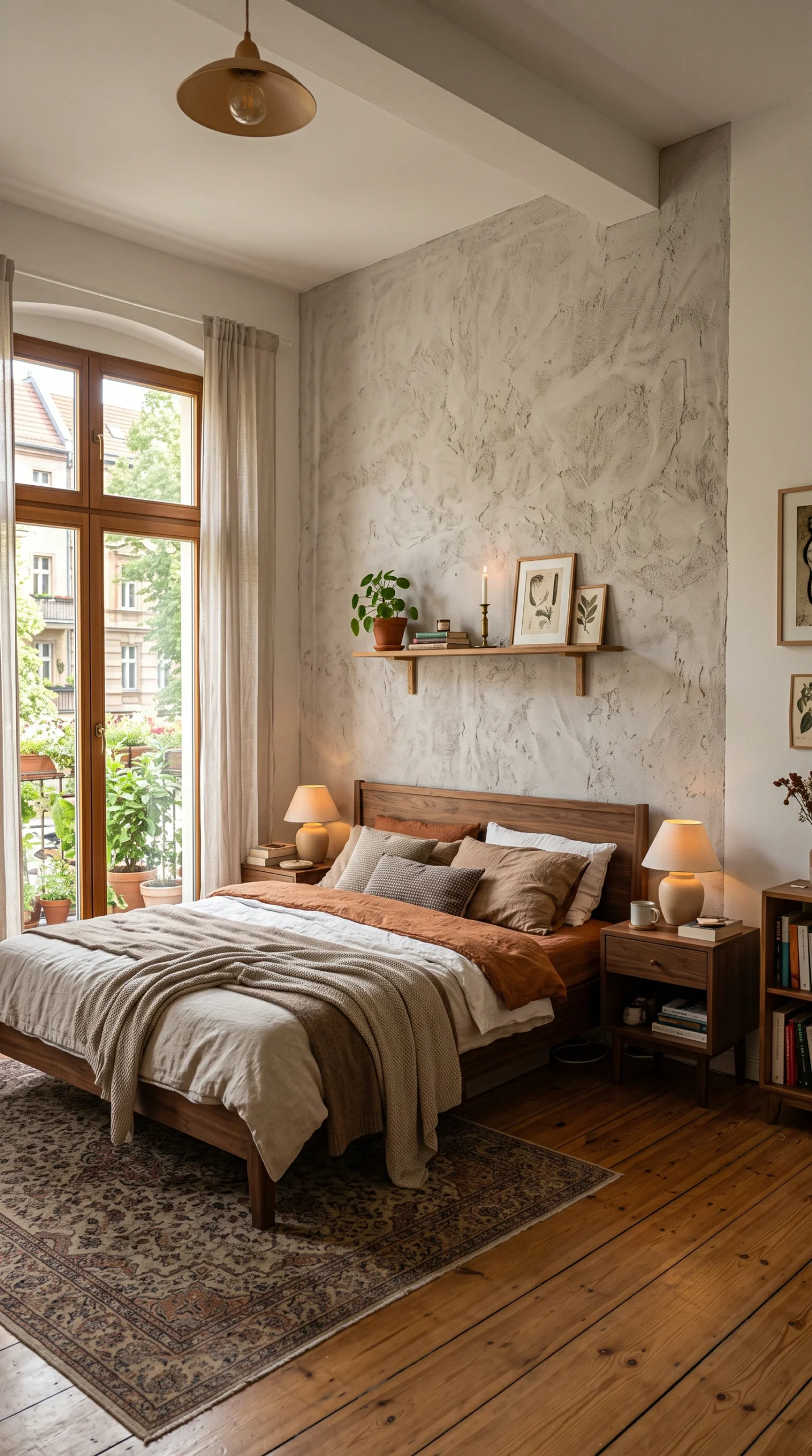A vertical photo of a cozy bedroom with a textured grey plaster wall, a walnut bed, and a large window.