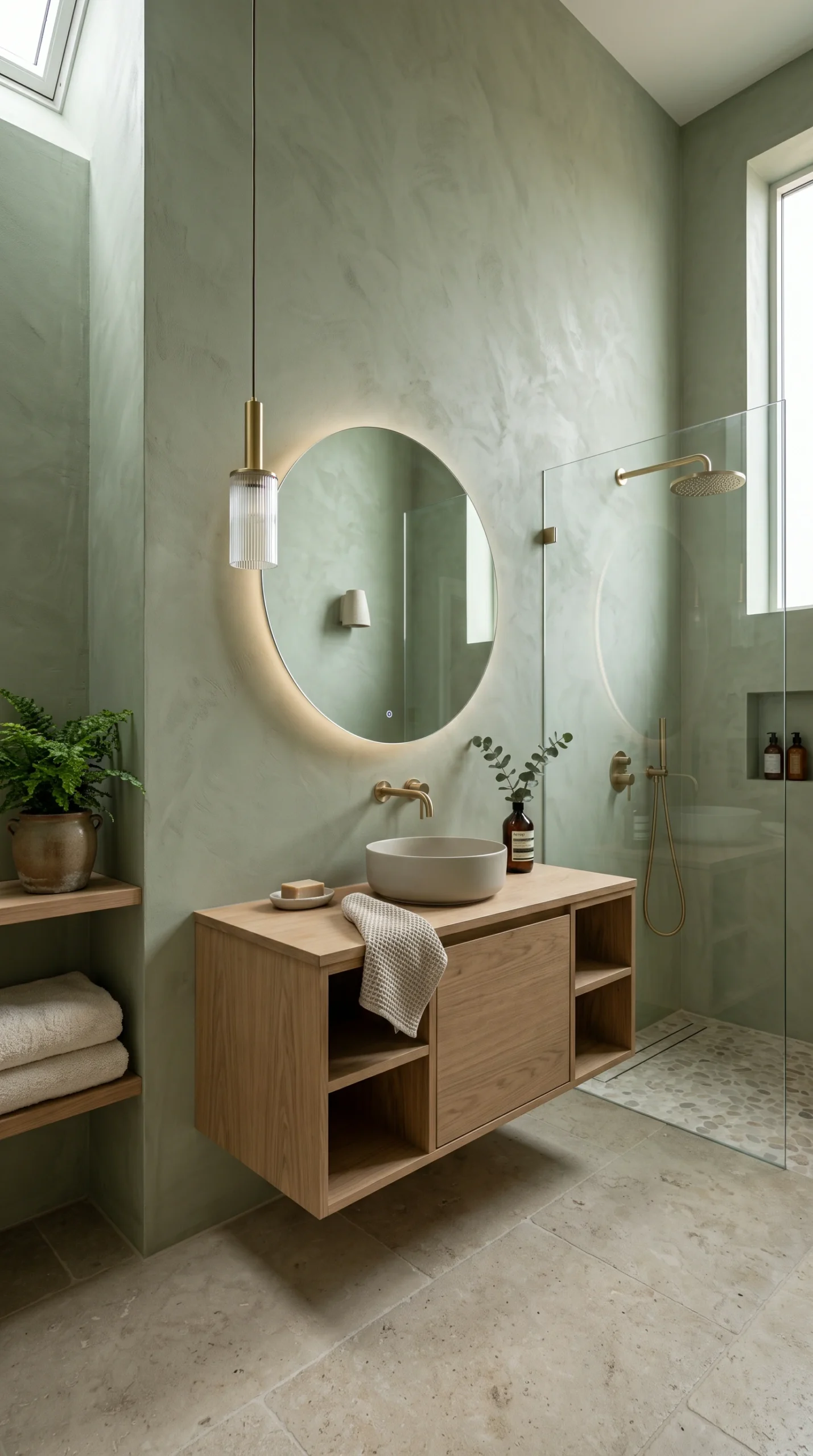 Vertical view of a spa bathroom featuring sage green limewash walls and a floating light oak vanity.