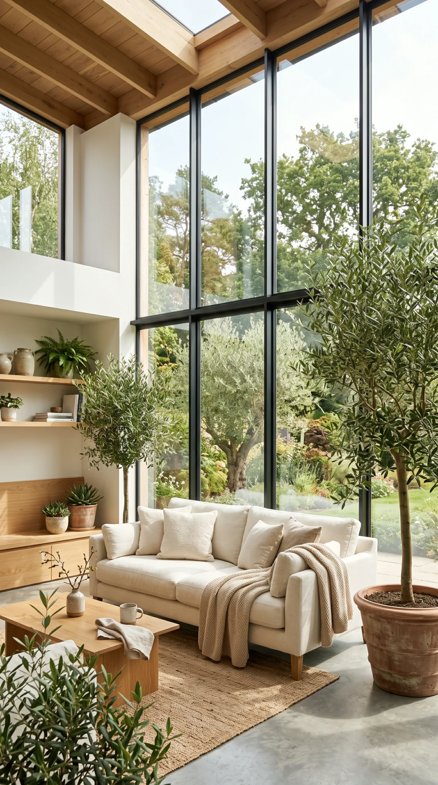 A modern sunroom with large windows, a white linen sofa, and indoor olive trees bathed in natural light.