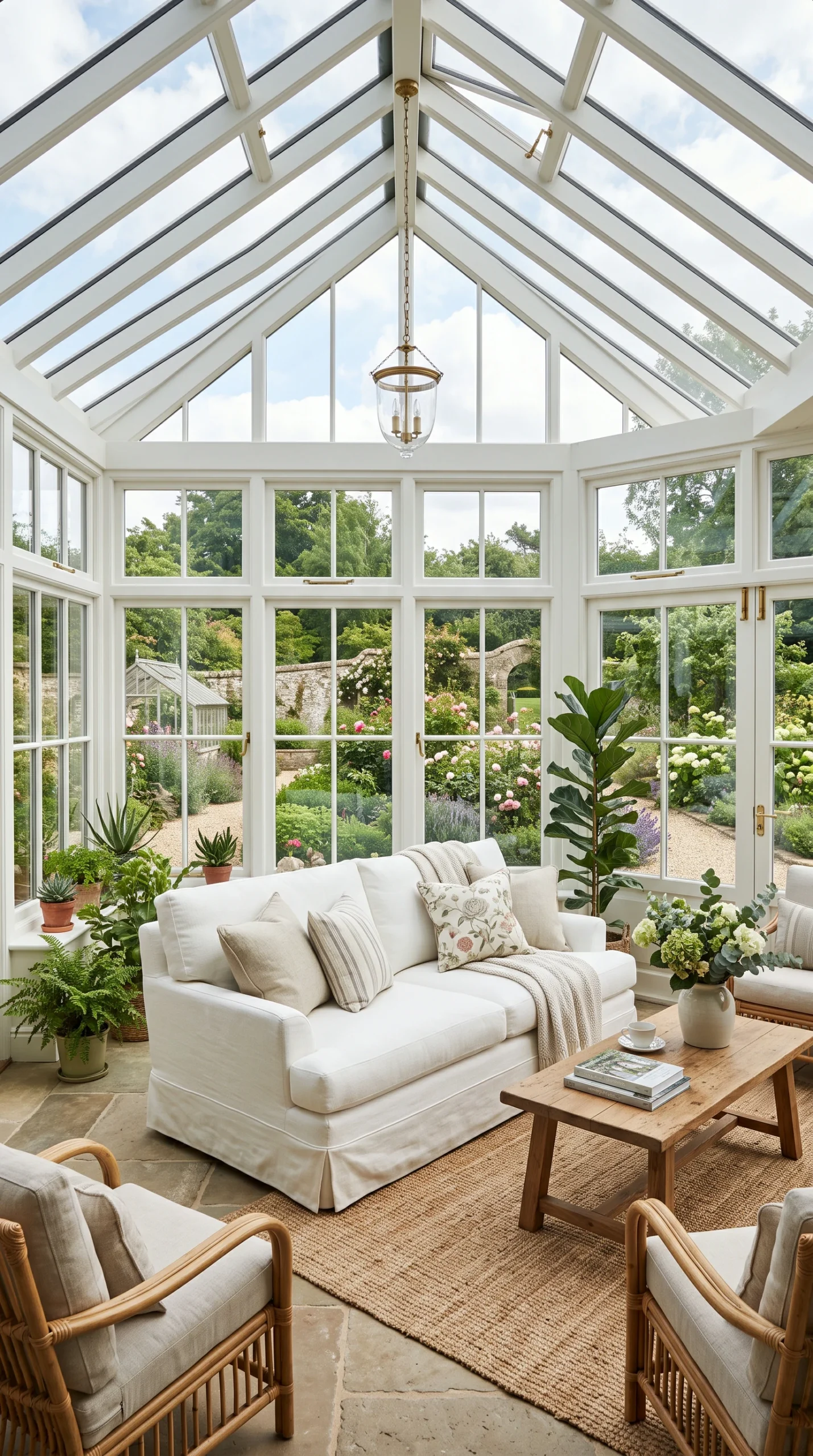 Vertical wide shot of a light-filled sunroom featuring a white fabric sofa and views of a garden through extensive windows.