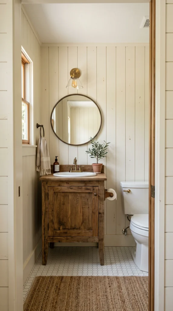 Wide architectural shot of a farmhouse small half bath with creamy vertical shiplap walls and a reclaimed oak vanity.