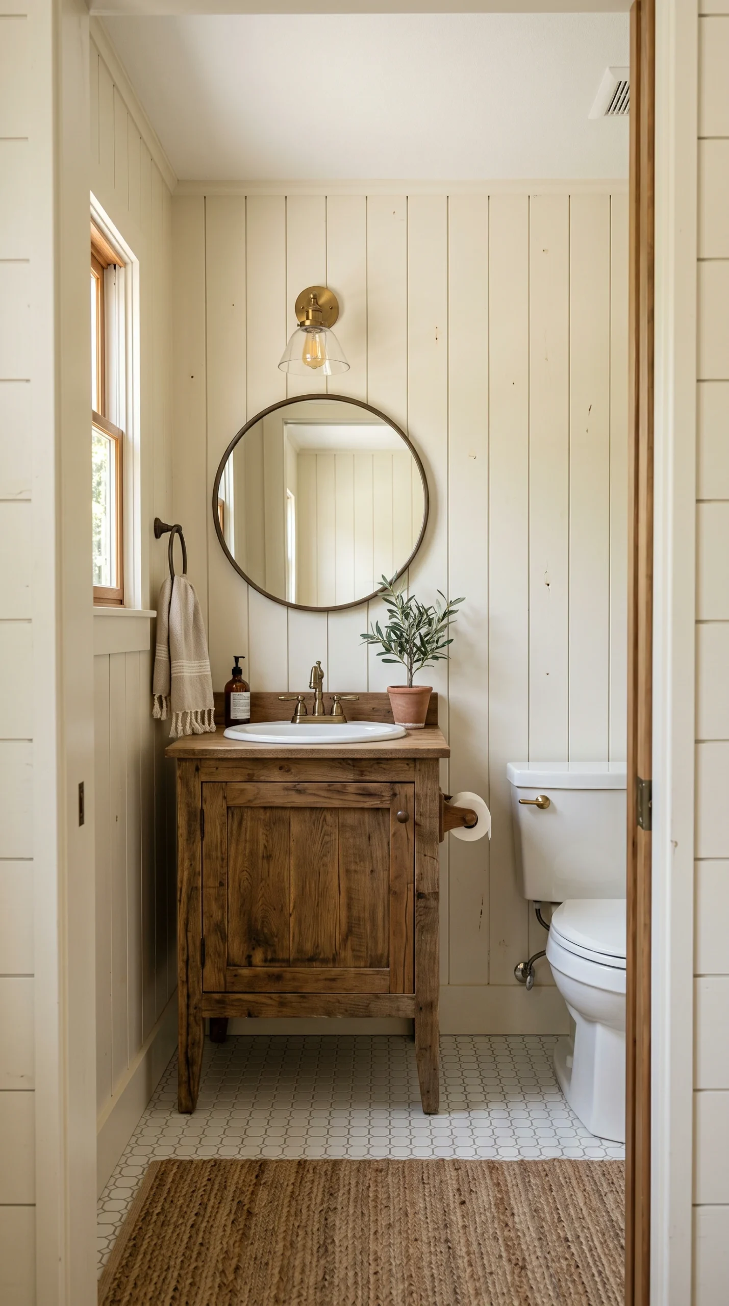 Wide architectural shot of a farmhouse small half bath with creamy vertical shiplap walls and a reclaimed oak vanity.