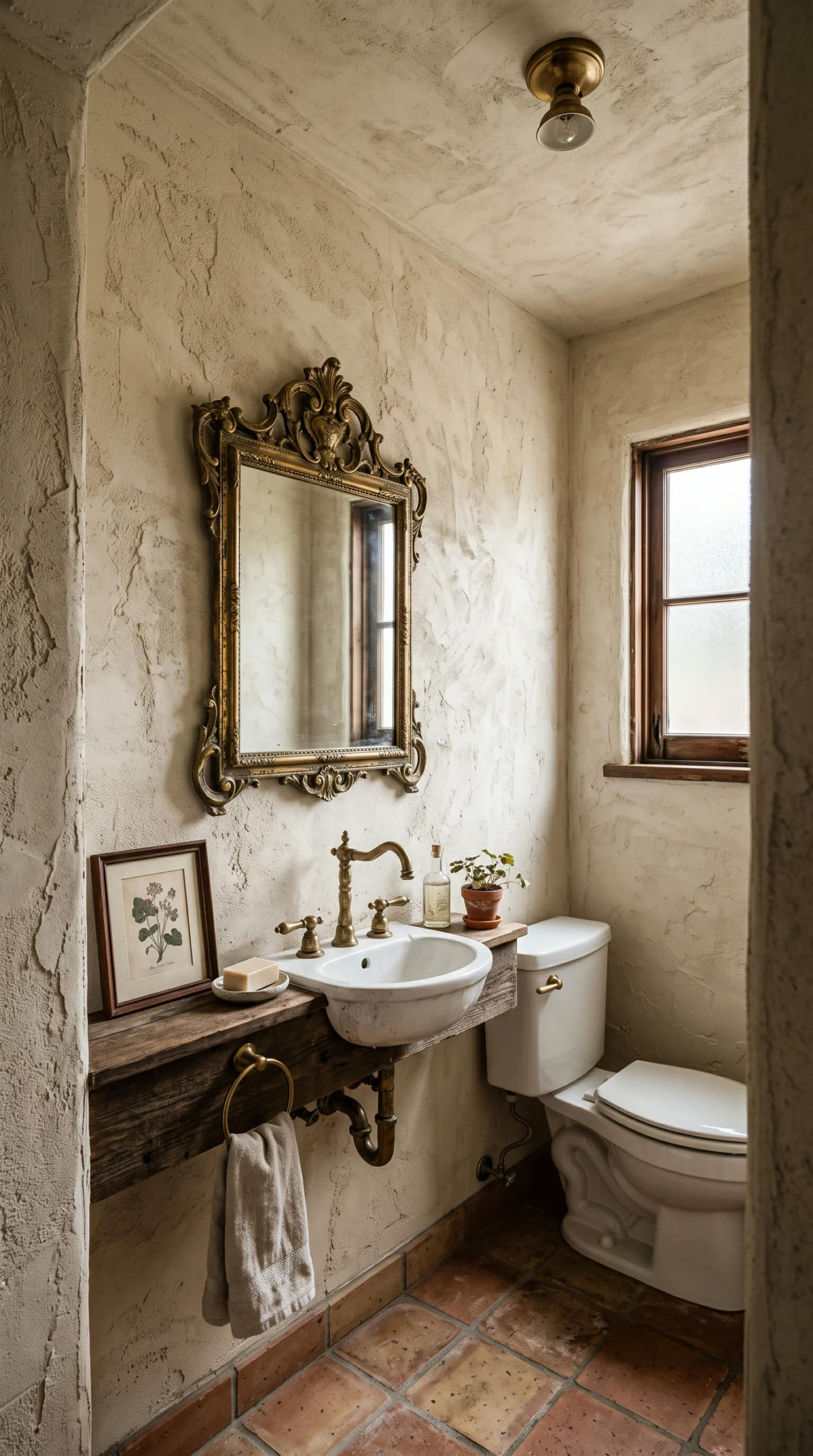Small half bathroom with textured plaster walls and an ornate vintage brass mirror over the sink.