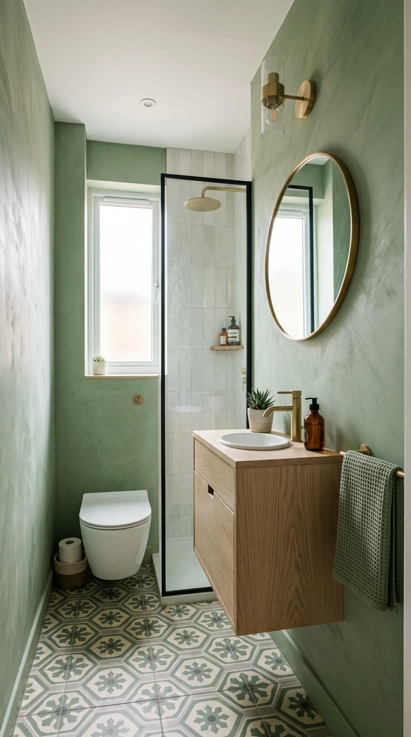 A highly optimized small bathroom featuring a muted sage green limewash wall and a compact white oak floating vanity.