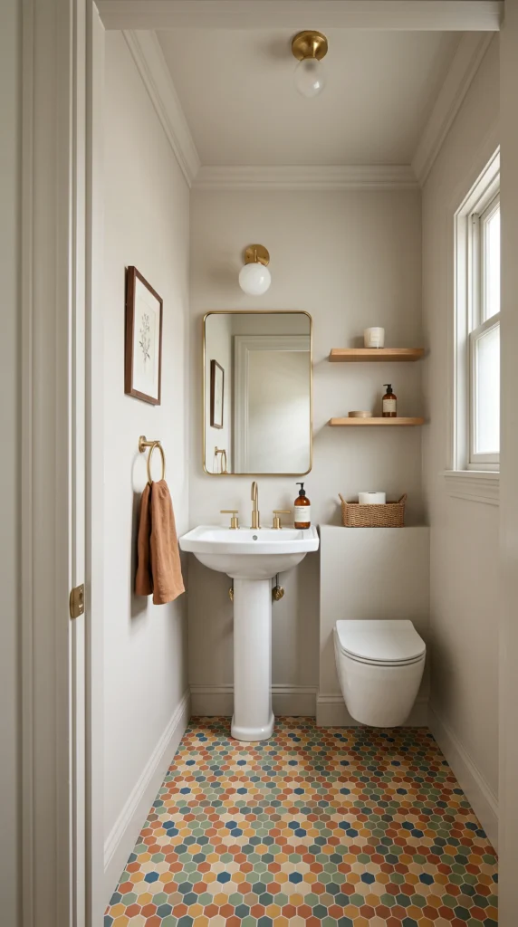 A view into a small, well-decorated half bathroom. It has soft greige walls, a white pedestal sink, a modern toilet, and colorful hexagonal floor tiles.