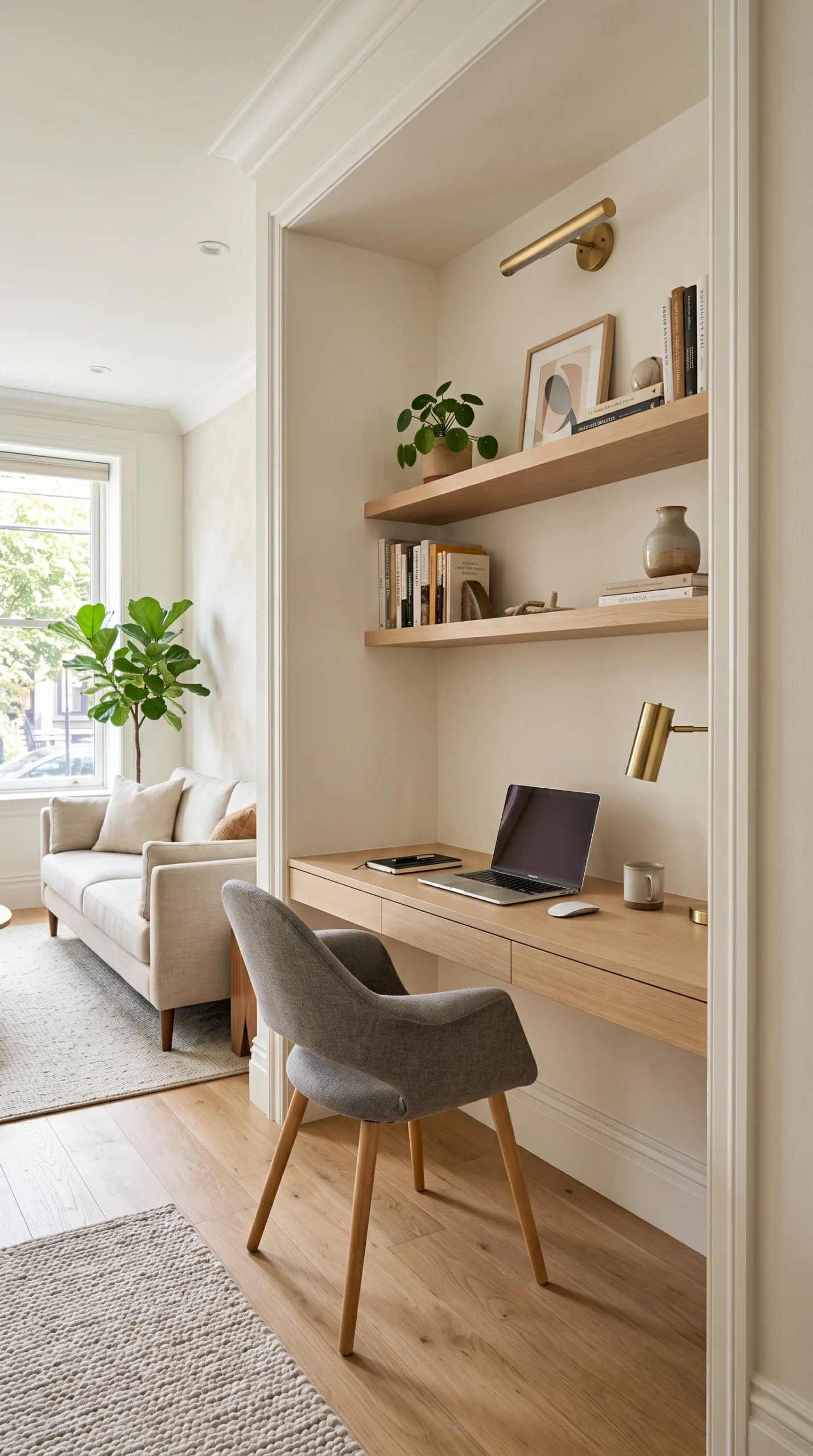 A living room alcove transformed into a small home office with a pale oak floating desk, floating shelves, and a grey upholstered chair.