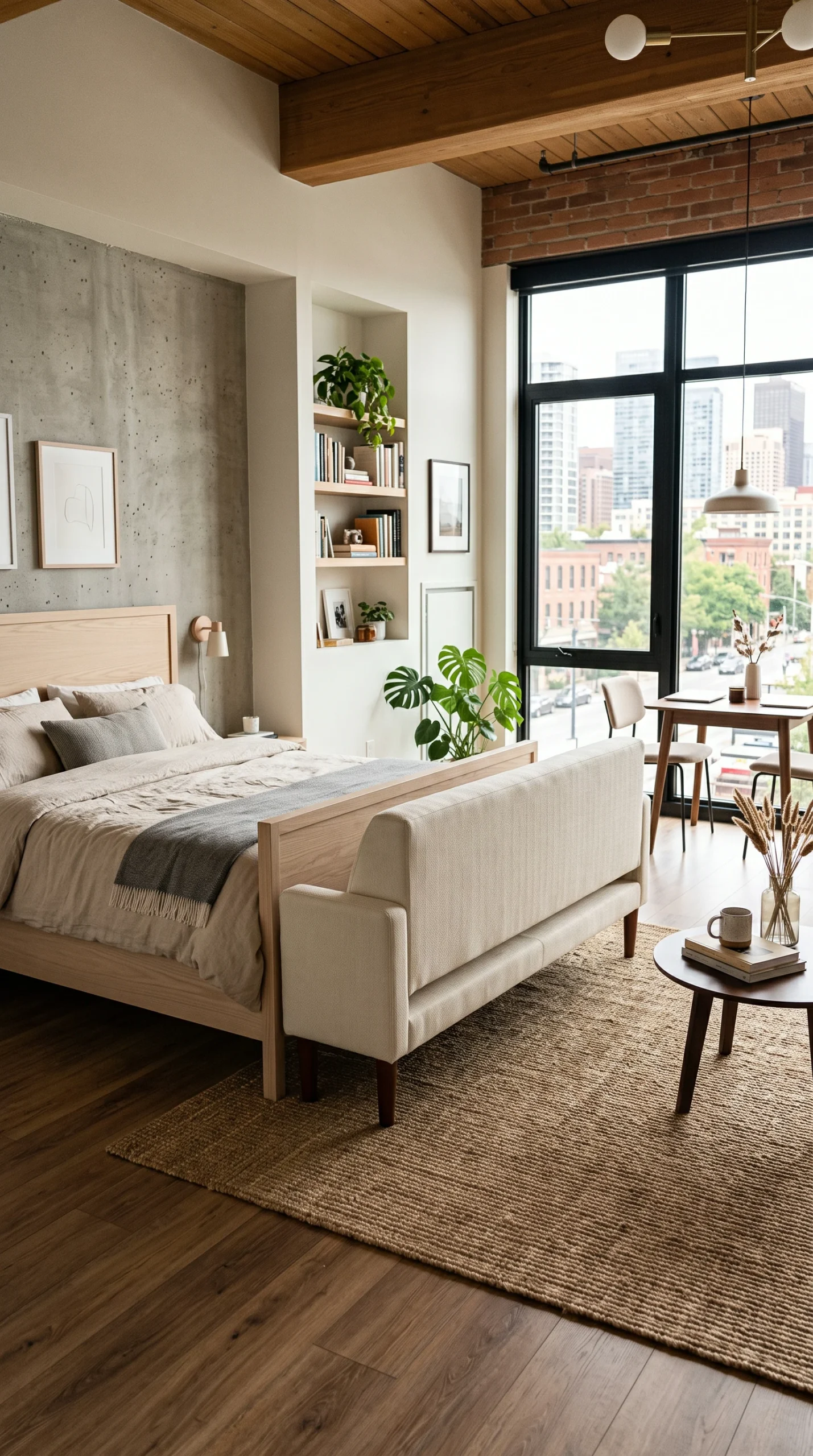 A creamy alabaster modern sofa positioned against the footboard of a warm ash platform bed in a studio apartment.