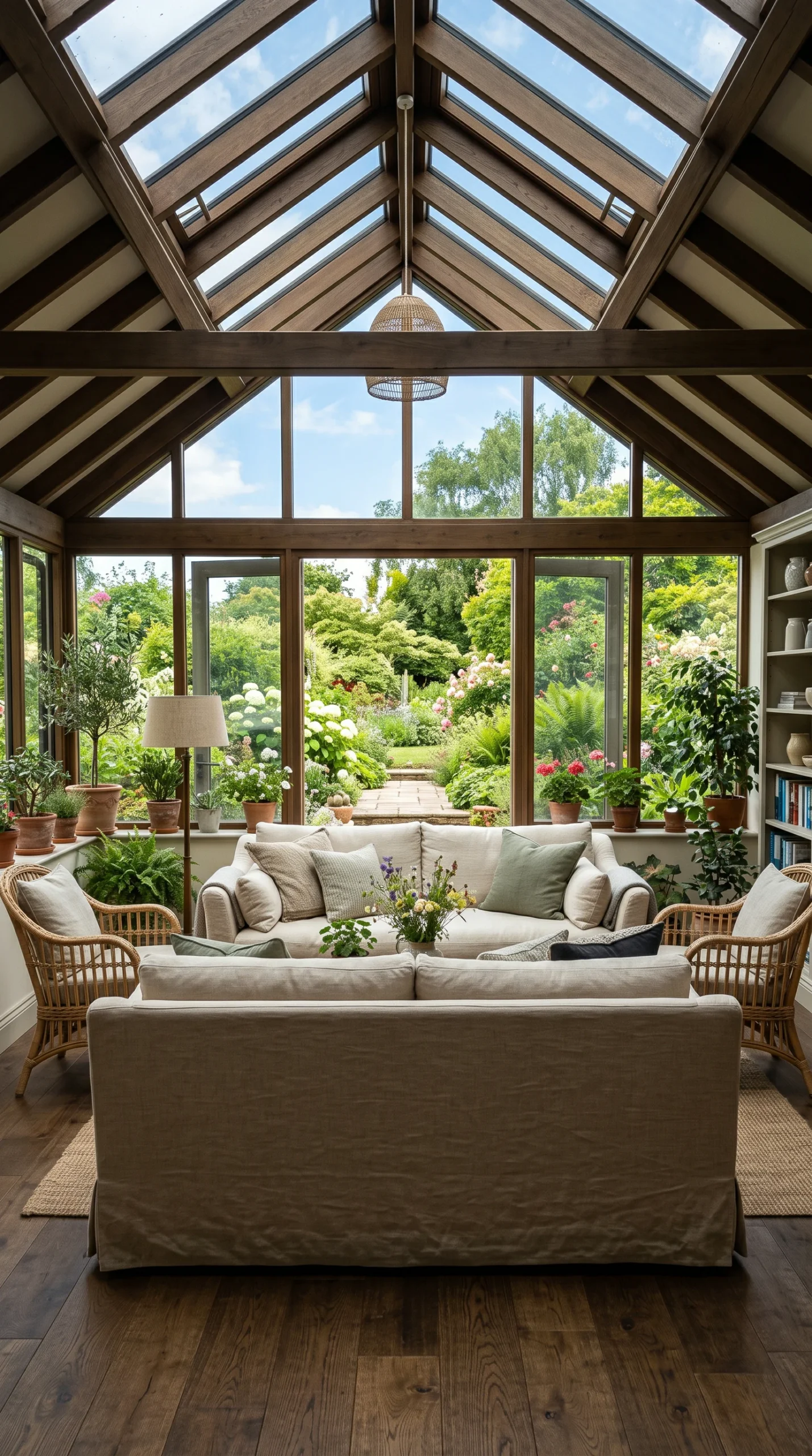 A warm linen slipcovered sofa sits in the center of a stunning sunroom with expansive glass windows and a vaulted ceiling.