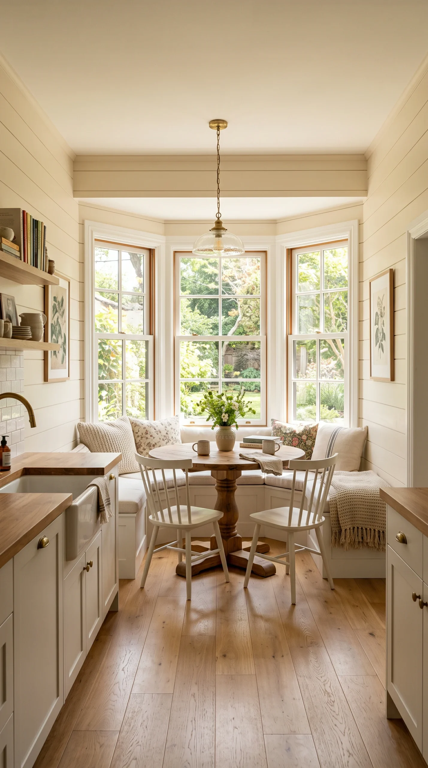 A wide architectural view of a bright kitchen featuring a built-in breakfast nook inside a bay window with a round wooden table.