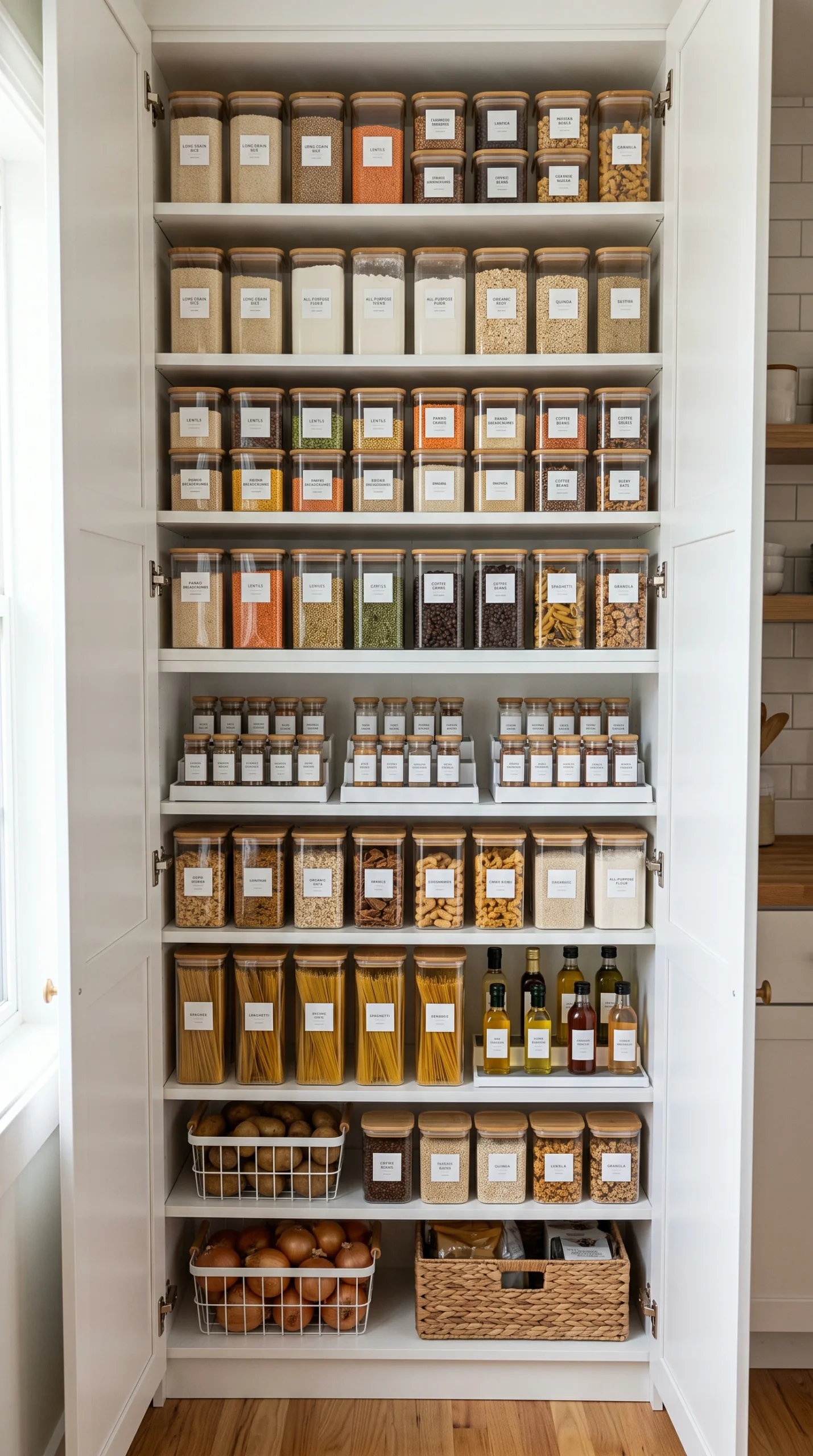 White pantry cabinet filled with neatly stacked, clear square storage containers on adjustable shelves.