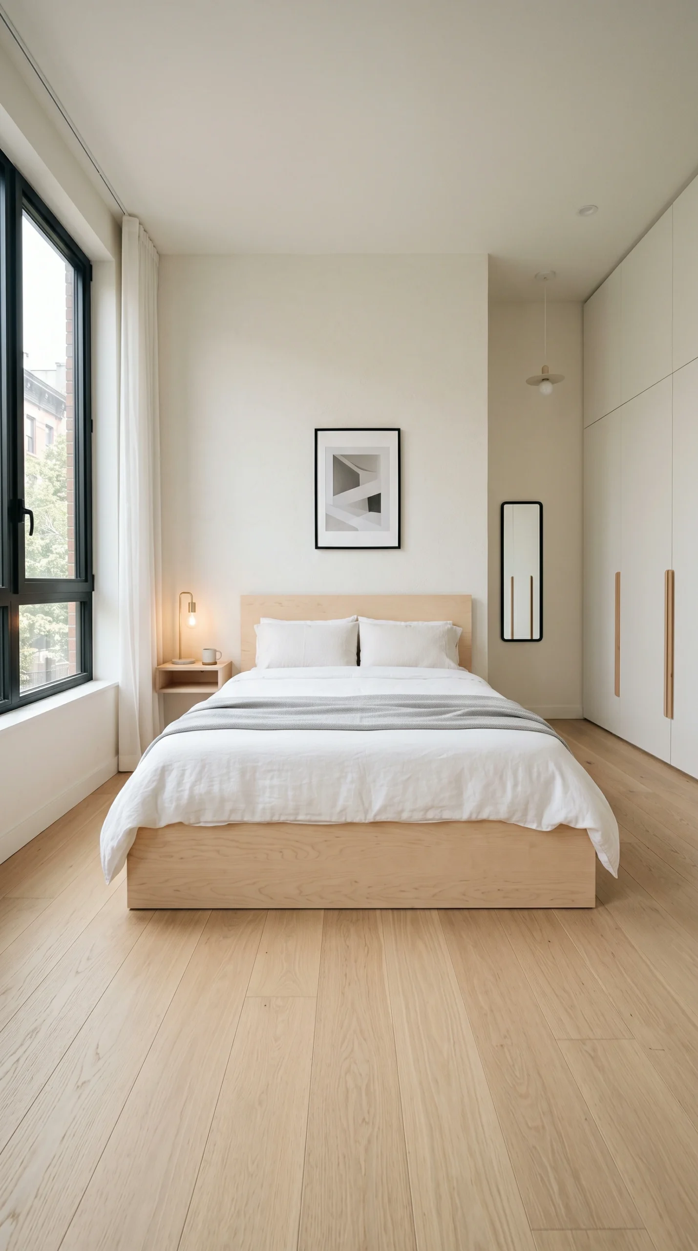 Wide architectural photo looking into a minimalist small apartment bedroom, focusing on a Pale Birch Wood platform bed with crisp white bedding. The room has a spotless wood floor, a large window, and minimalist furniture.