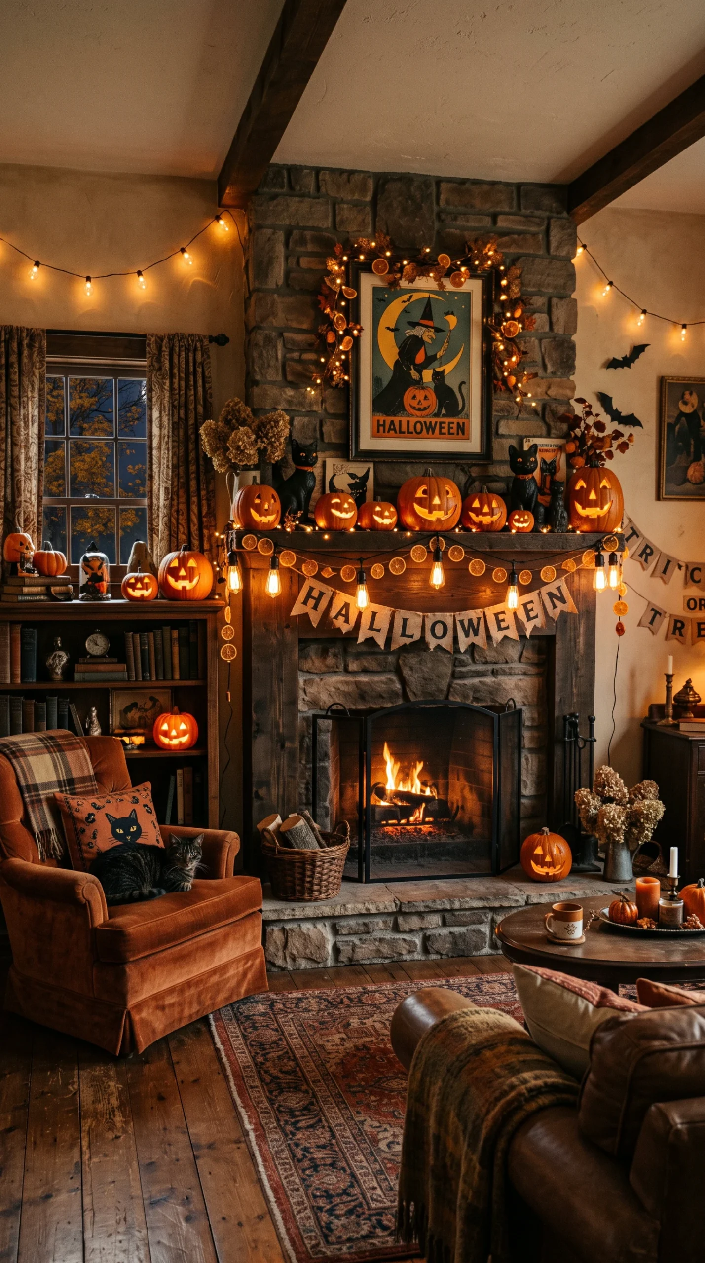 Cozy living room with a glowing fireplace, vintage paper mache pumpkins on the mantel, and warm string lights.