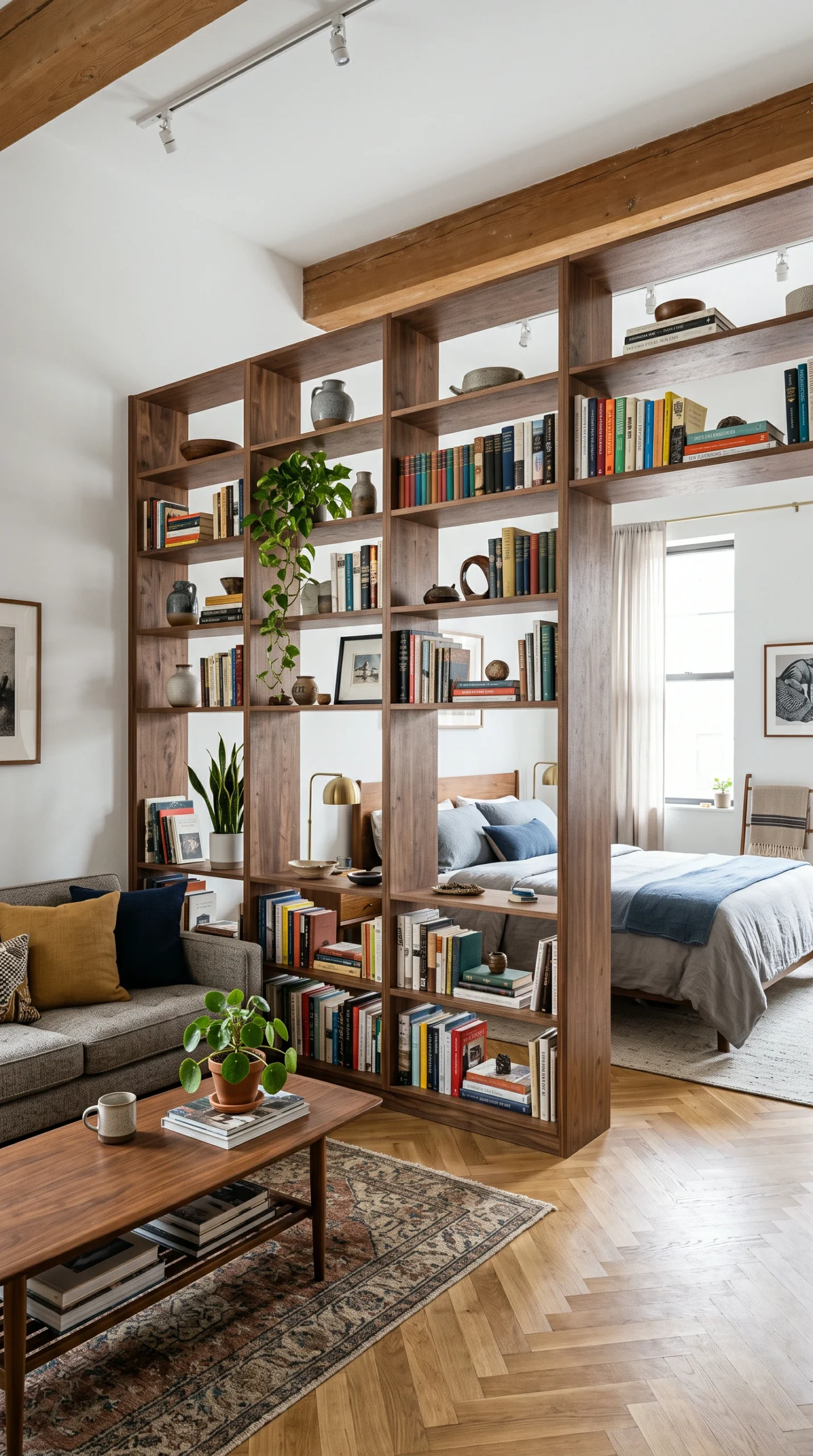 Natural walnut open-backed bookshelf used as a room divider in a studio apartment separating the living room and bedroom.