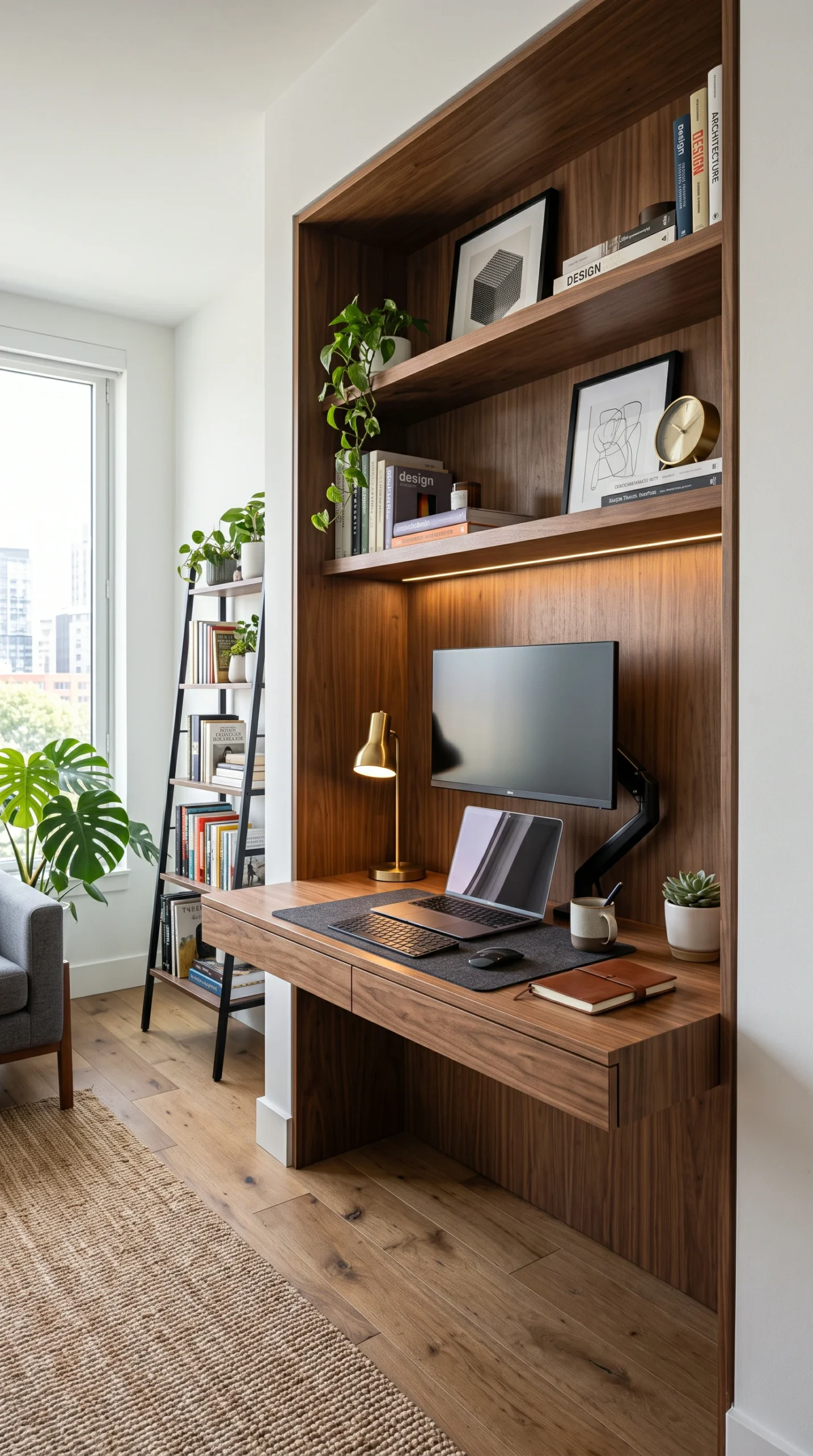 Vertical view of a warm walnut floating desk built into a closet alcove in a modern studio apartment.