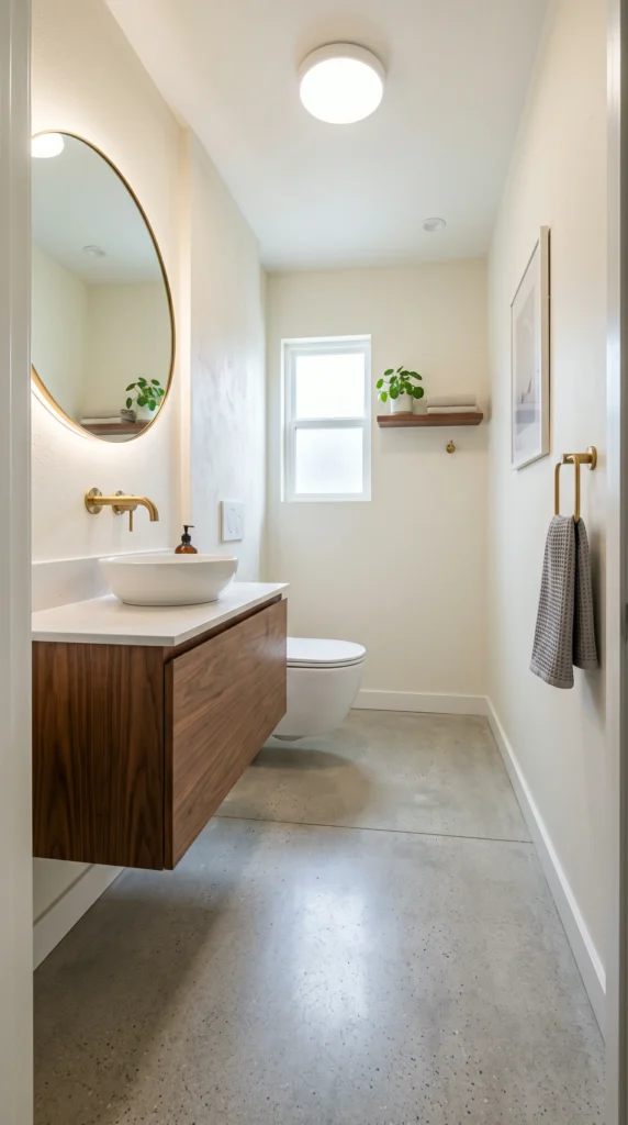 Wide architectural view of a remodeled small bathroom with a wood vanity and concrete floor.