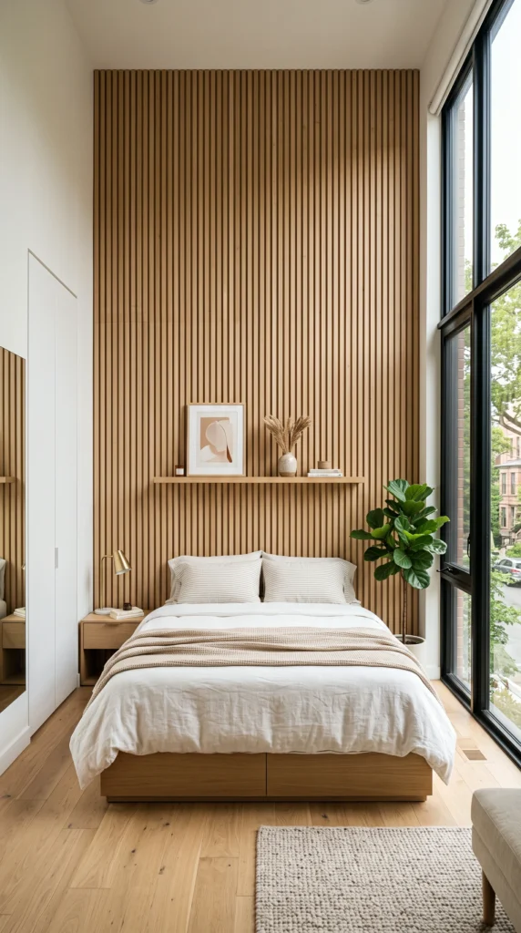 Small bedroom interior featuring a tall floor-to-ceiling white oak vertical slatted accent wall behind a minimalist bed