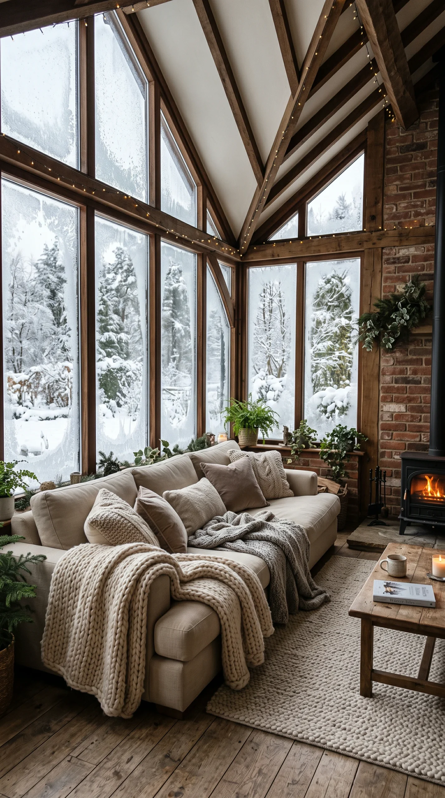 Wide shot of a warm sunroom in winter with an oatmeal sofa, thick blankets, and frosty windows.