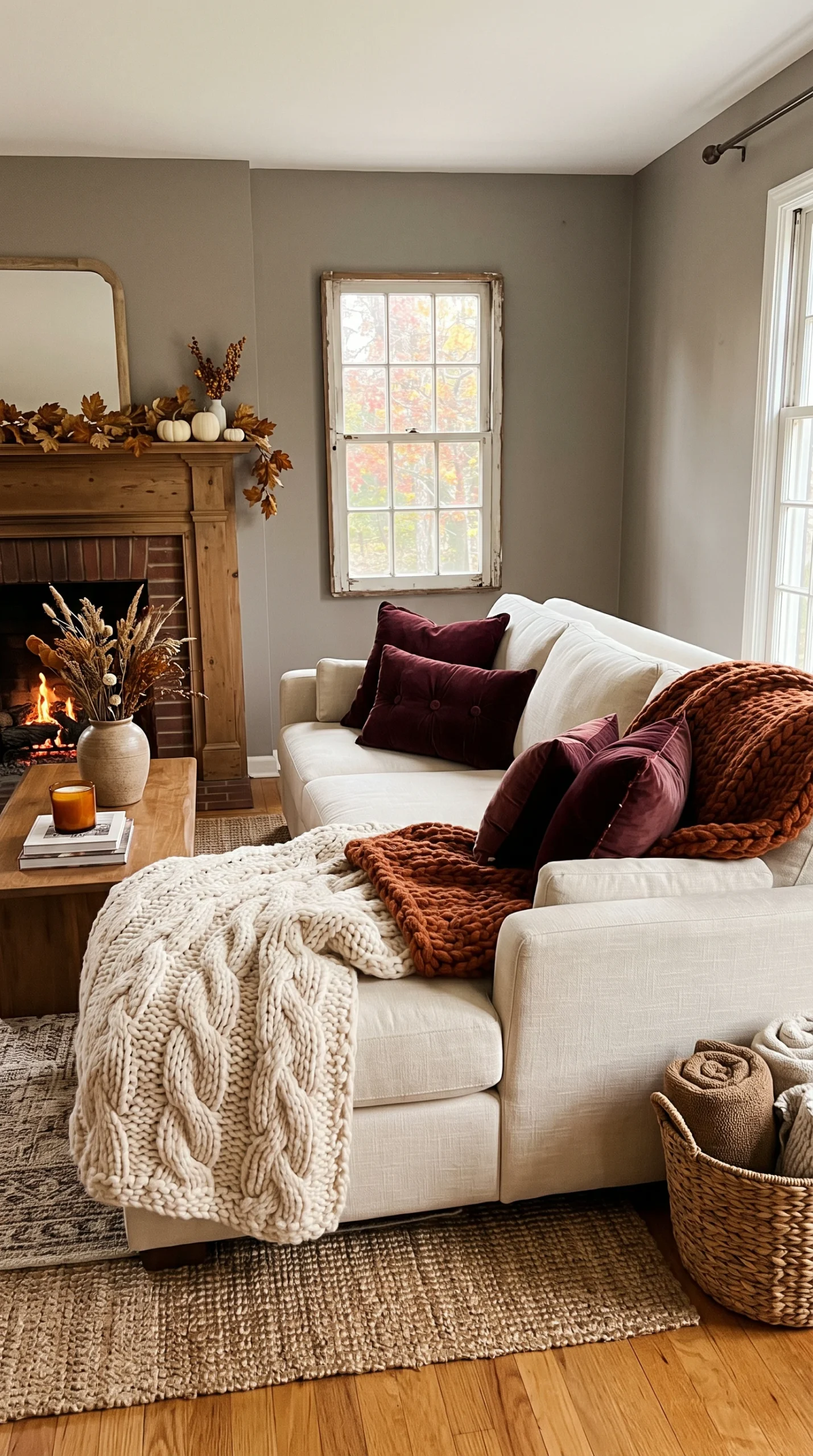 Vertical living room scene showing a cream sofa with burgundy velvet pillows and chunky knit throws. Fall trees visible outside. fall room decor ideas