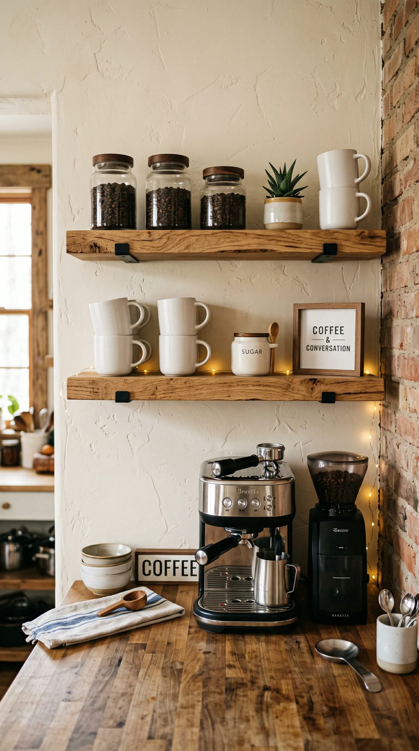 Vertical photo of a cozy home kitchen coffee station with rustic floating wood shelves and equipment.