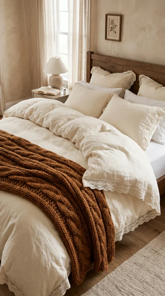 Vertical shot of a master bed layered with a voluminous duvet, creamy lace bedding, and a warm chestnut cable-knit throw.
