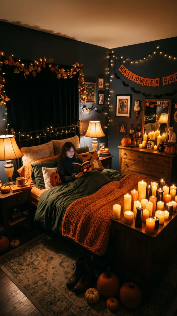 A cozy Halloween bedroom decorated with multiple lit pillar candles and warm lamps creating an intimate lighting atmosphere.
