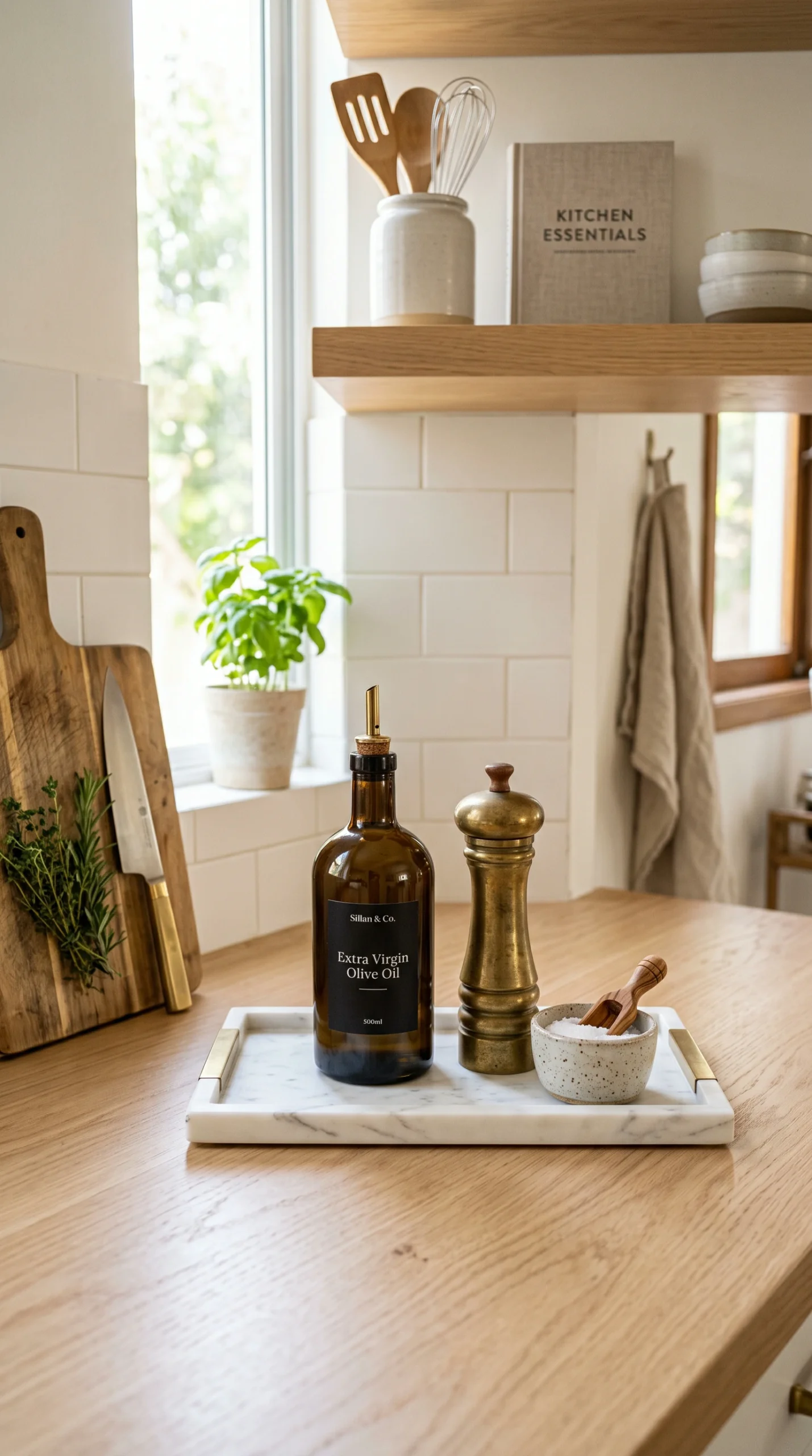 Minimalist kitchen counter styled with olive oil and spices.