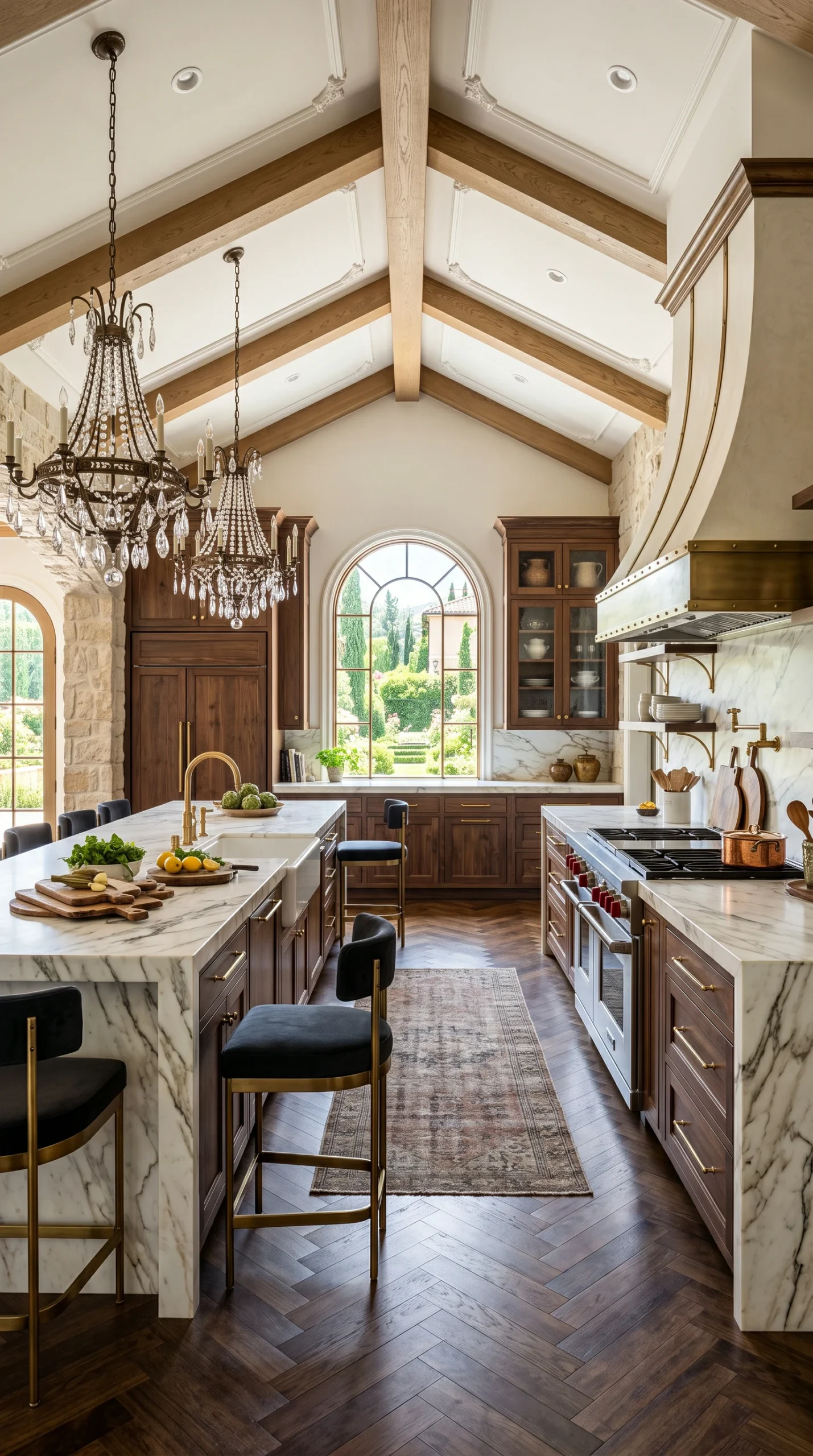 Vertical photograph of a luxury kitchen with two parallel white marble islands.