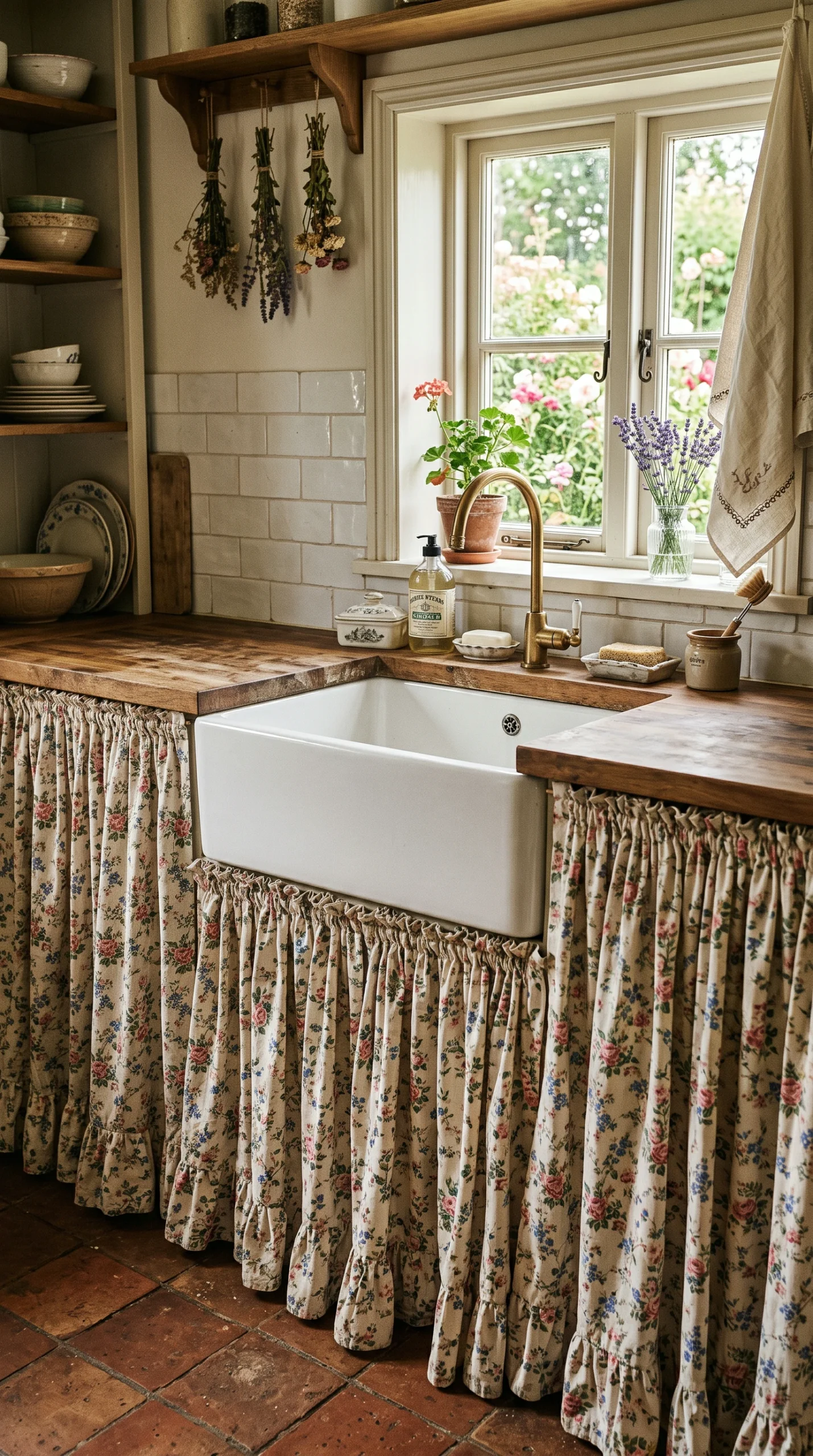 Large white fireclay apron-front sink with a detailed floral fabric skirt.