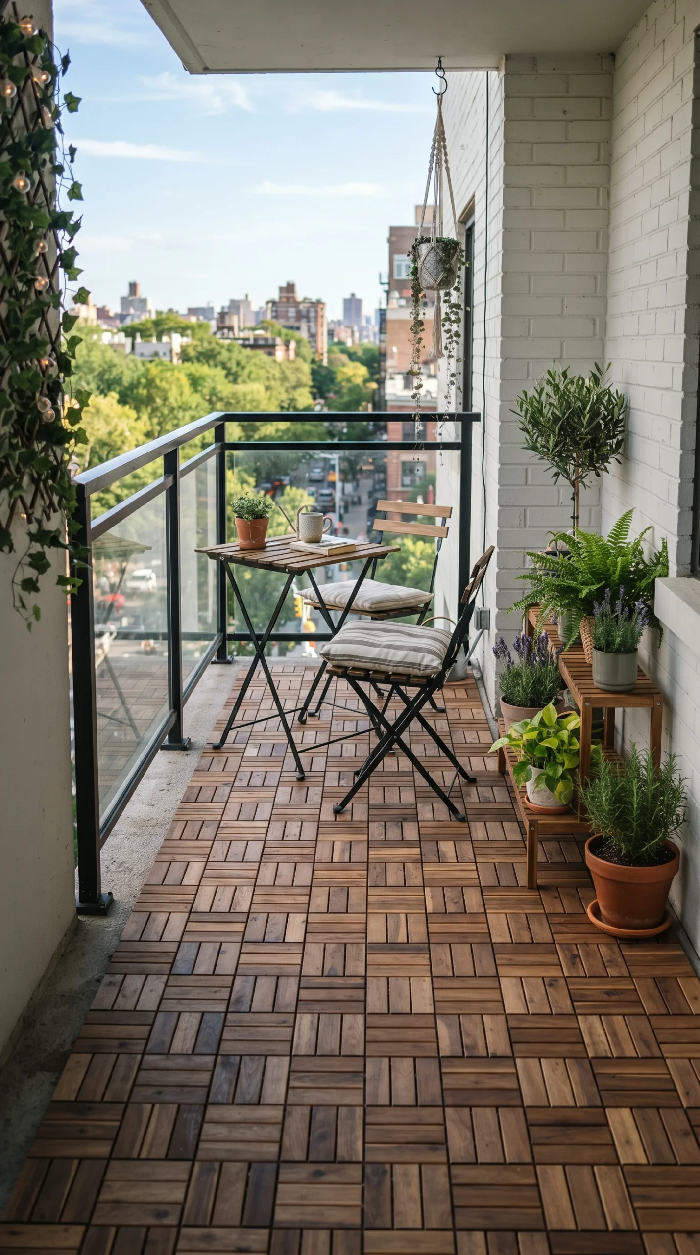 Interlocking warm acacia wood deck tiles installed on a small city apartment balcony floor overlooking a cityscape.