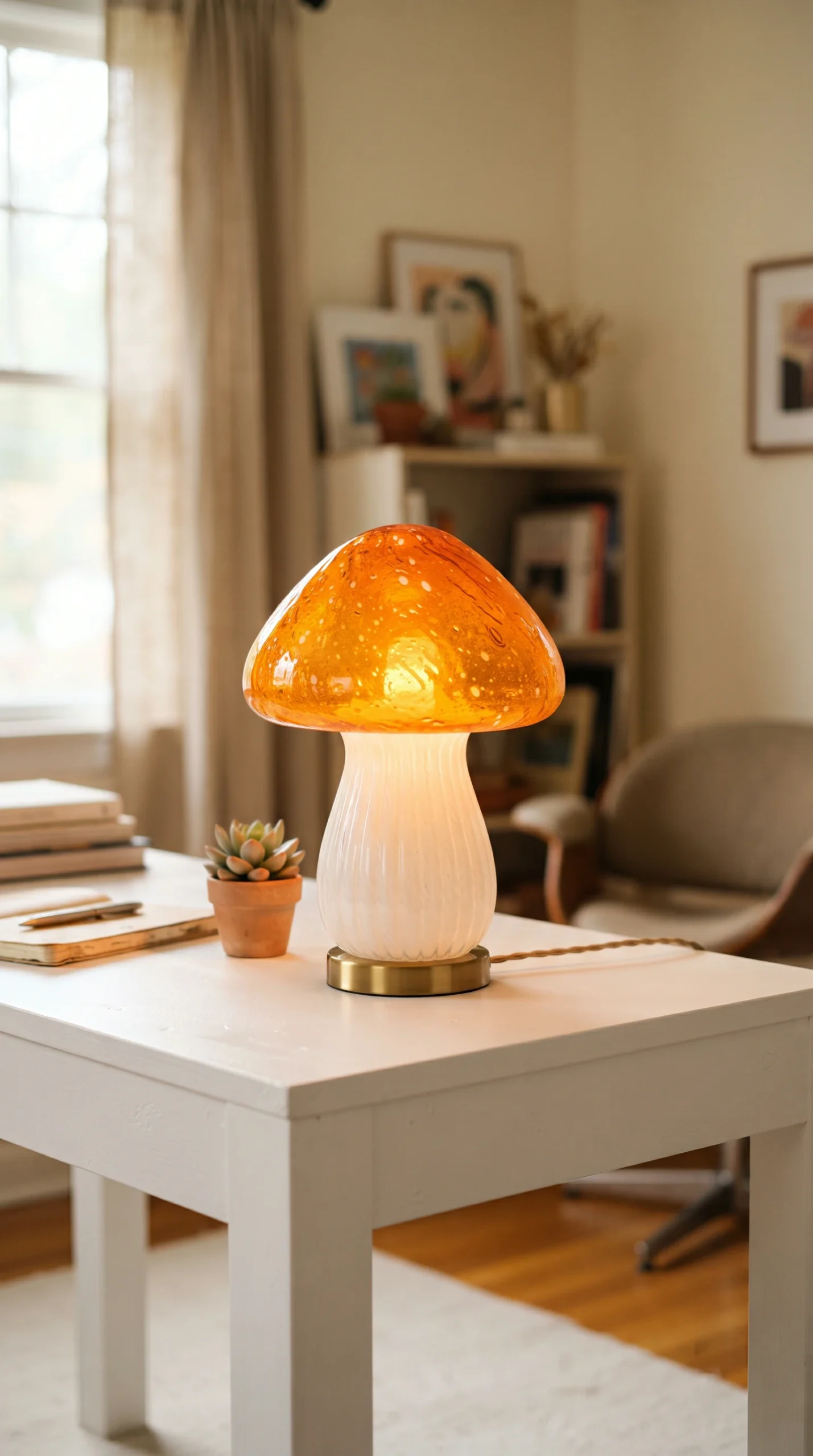 Illuminated amber swirled Murano-style glass mushroom lamp on a white desk with plants and books.