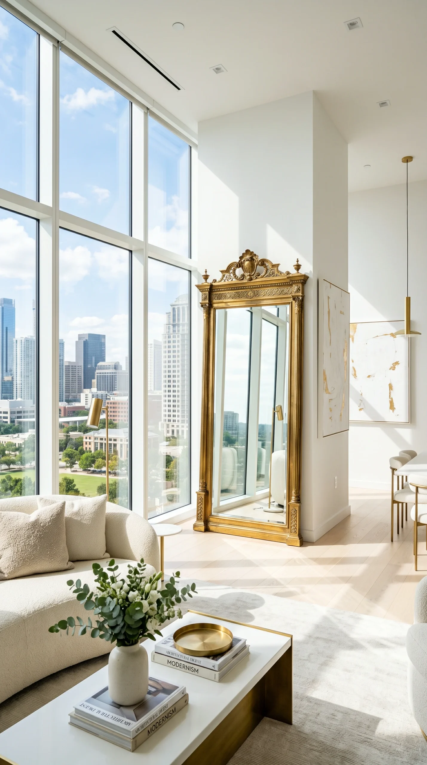 A highly polished antique brass floor mirror leaning against a white wall in a sunlit modern apartment with floor-to-ceiling windows.