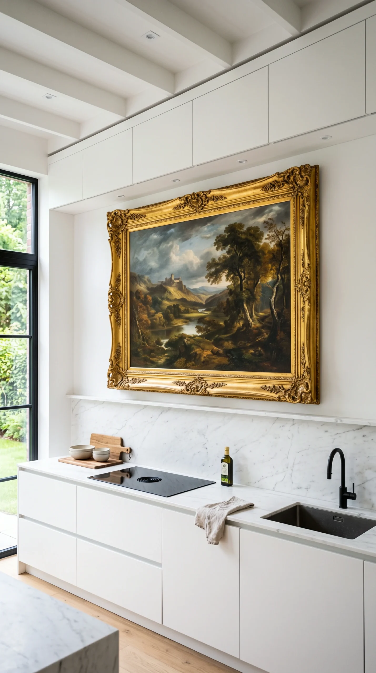 Large vintage landscape oil painting in an ornate gold frame hanging above a modern white marble kitchen counter.